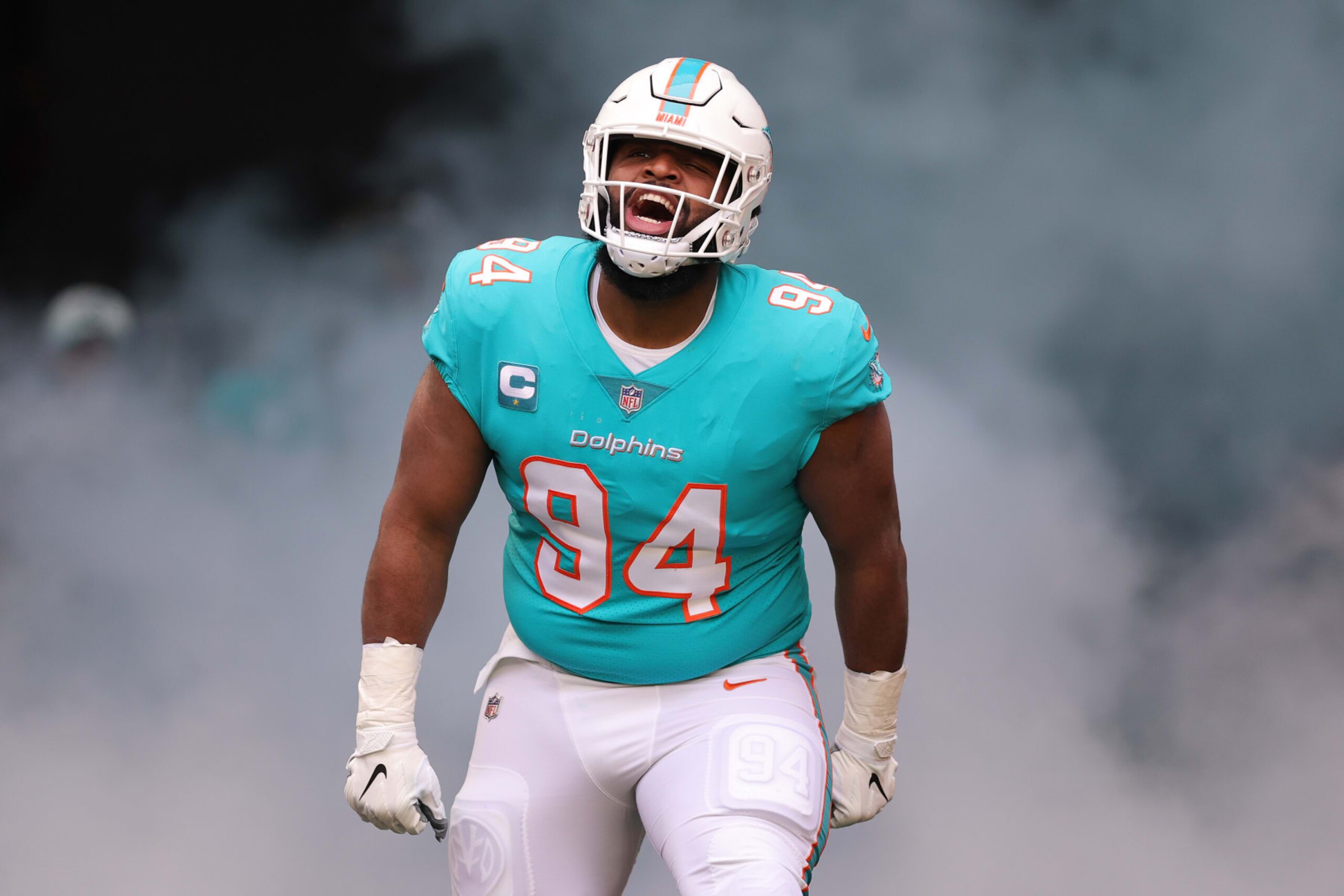 MIAMI GARDENS, FLORIDA - DECEMBER 25: Christian Wilkins #94 of the Miami Dolphins is introduced before the game against the Green Bay Packers at Hard Rock Stadium on December 25, 2022 in Miami Gardens, Florida. (Photo by Megan Briggs/Getty Images)