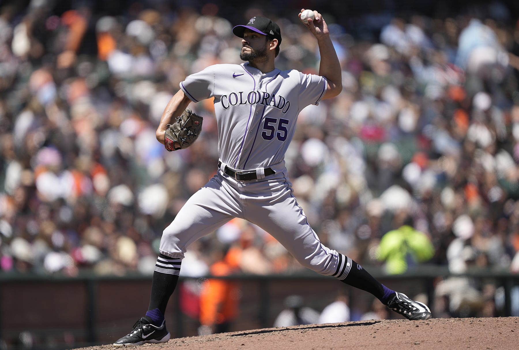 SAN FRANCISCO, CALIFORNIA - JULY 08: Brad Hand #55 of the Colorado Rockies pitches against the San Francisco Giants in the bottom of the fifth inning at Oracle Park on July 08, 2023 in San Francisco, California. (Photo by Thearon W. Henderson/Getty Images)