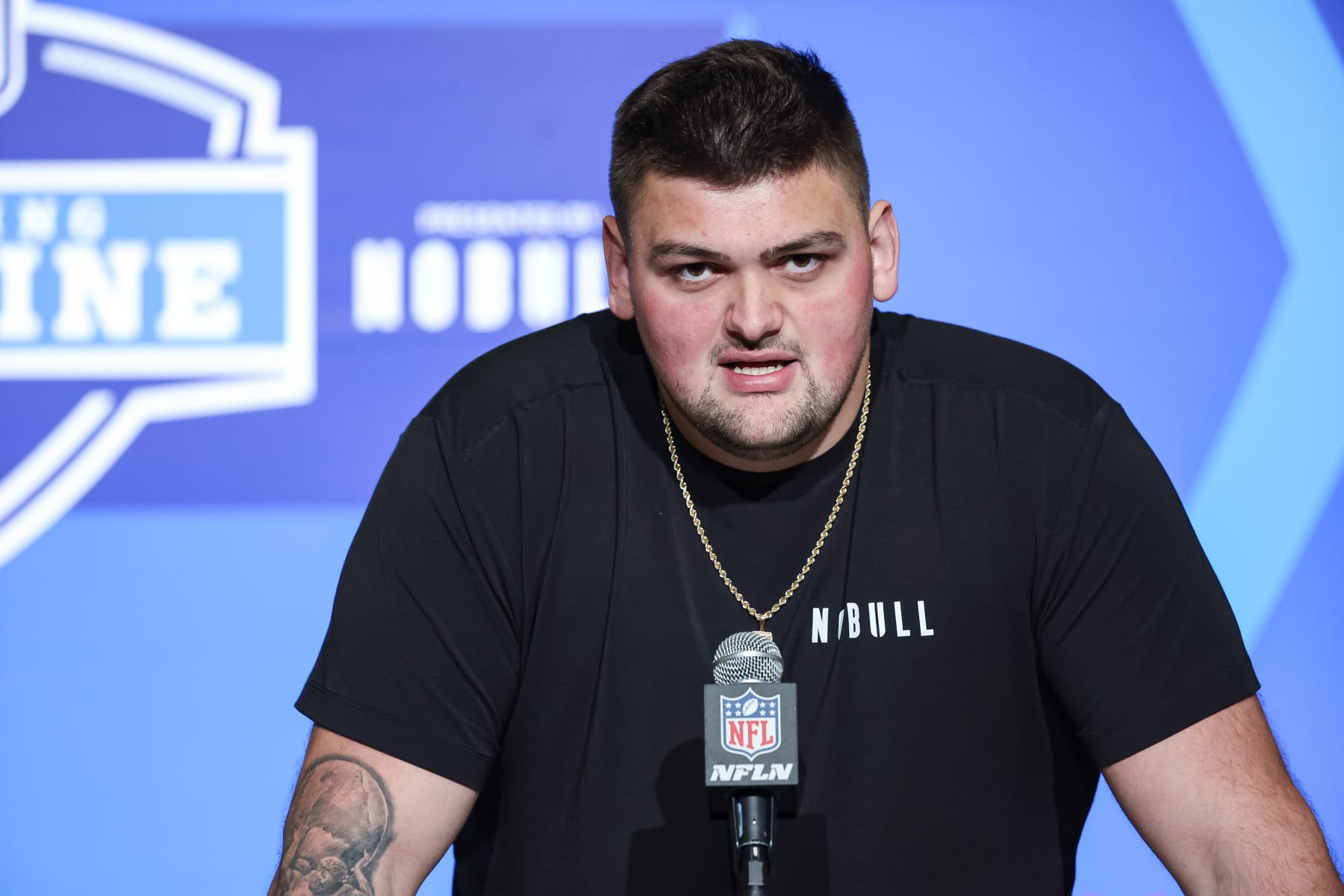 INDIANAPOLIS, IN - MARCH 04: Offensive lineman Jaxson Kirkland of Washington speaks to the media during the NFL Combine at Lucas Oil Stadium on March 4, 2023 in Indianapolis, Indiana. (Photo by Michael Hickey/Getty Images)