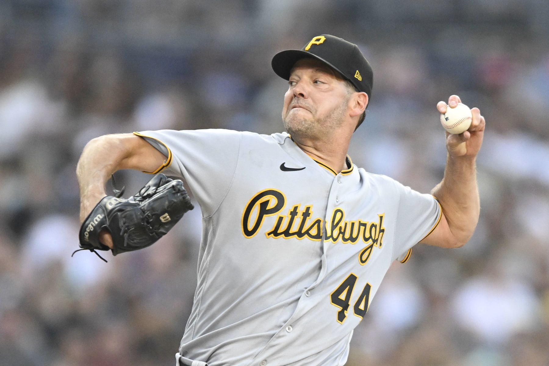 SAN DIEGO, CA - JULY 25: Rich Hill #44 of the Pittsburgh Pirates pitches during the second inning of a baseball game against the San Diego Padres July 25, 2023 at Petco Park in San Diego, California. (Photo by Denis Poroy/Getty Images)
