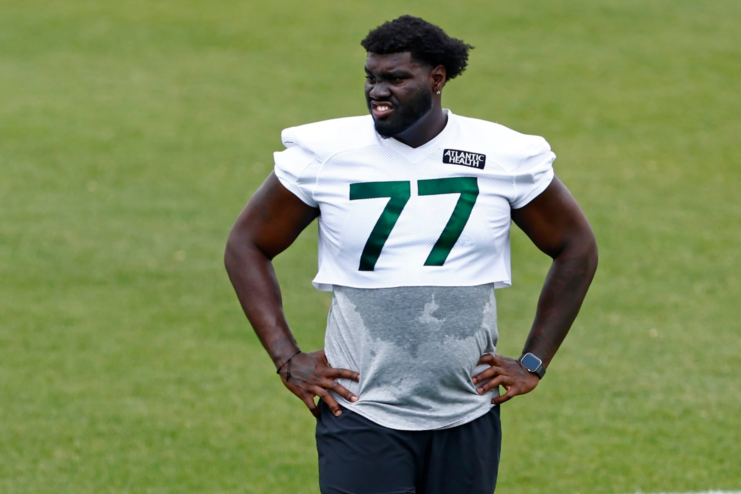FLORHAM PARK, NEW JERSEY - JUNE 9: Mekhi Becton #77 of the New York Jets during the teams OTAs at Atlantic Health Jets Training Center on June 9, 2023 in Florham Park, New Jersey. (Photo by Rich Schultz/Getty Images)
