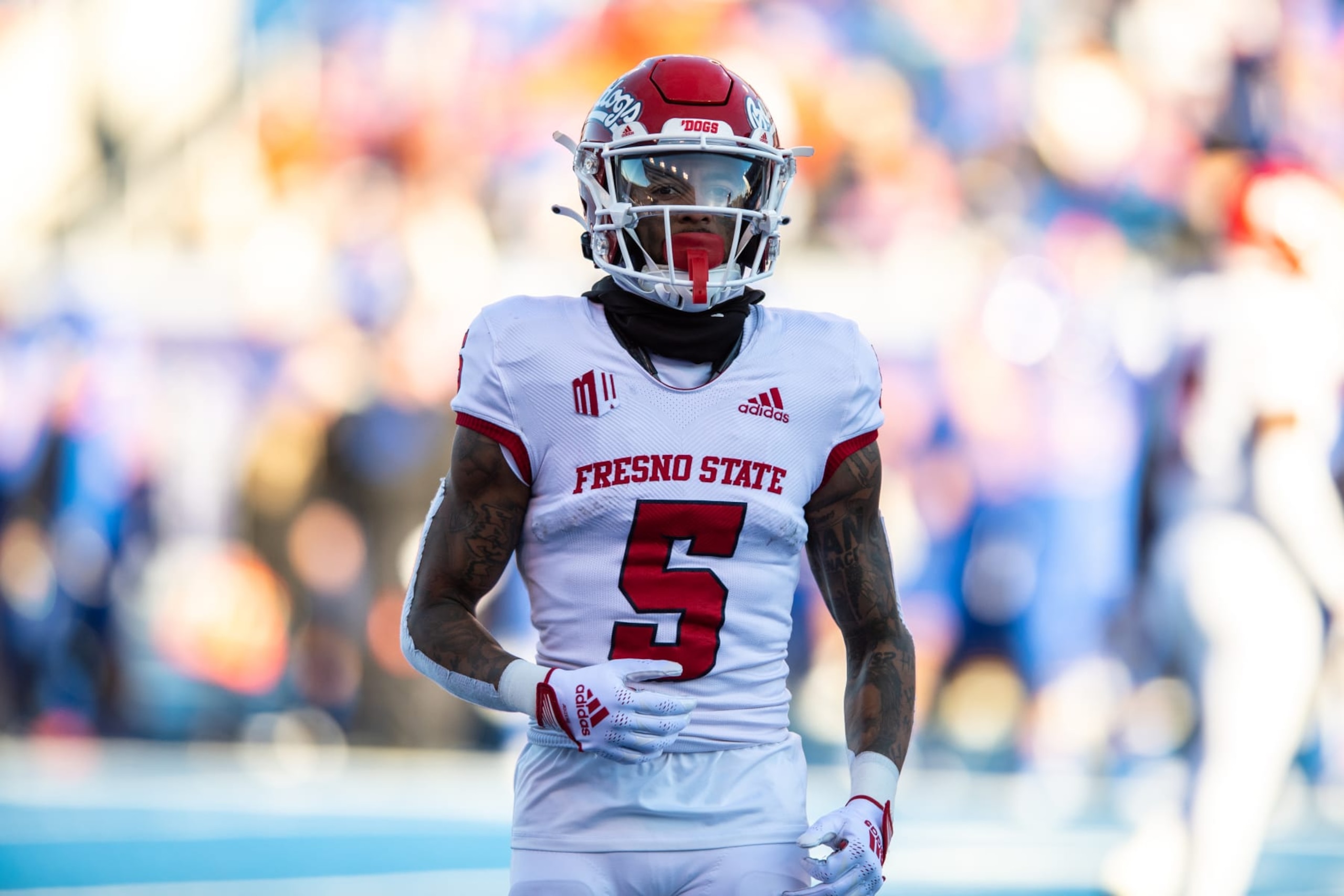 BOISE, ID - DECEMBER 03: Fresno State Bulldogs wide receiver Jalen Moreno-Cropper (5) on the field during a college football game between the Fresno State Bulldogs and the Boise State Broncos on December 3, 2022, at Albertsons Stadium in Boise, ID. (Photo by Tyler Ingham/Icon Sportswire via Getty Images) BOISE, ID - DECEMBER 03: Fresno State Bulldogs wide receiver Jalen Moreno-Cropper (5) on the field during a college football game between the Fresno State Bulldogs and the Boise State Broncos on December 3, 2022, at Albertsons Stadium in Boise, ID. (Photo by Tyler Ingham/Icon Sportswire via Getty Images)