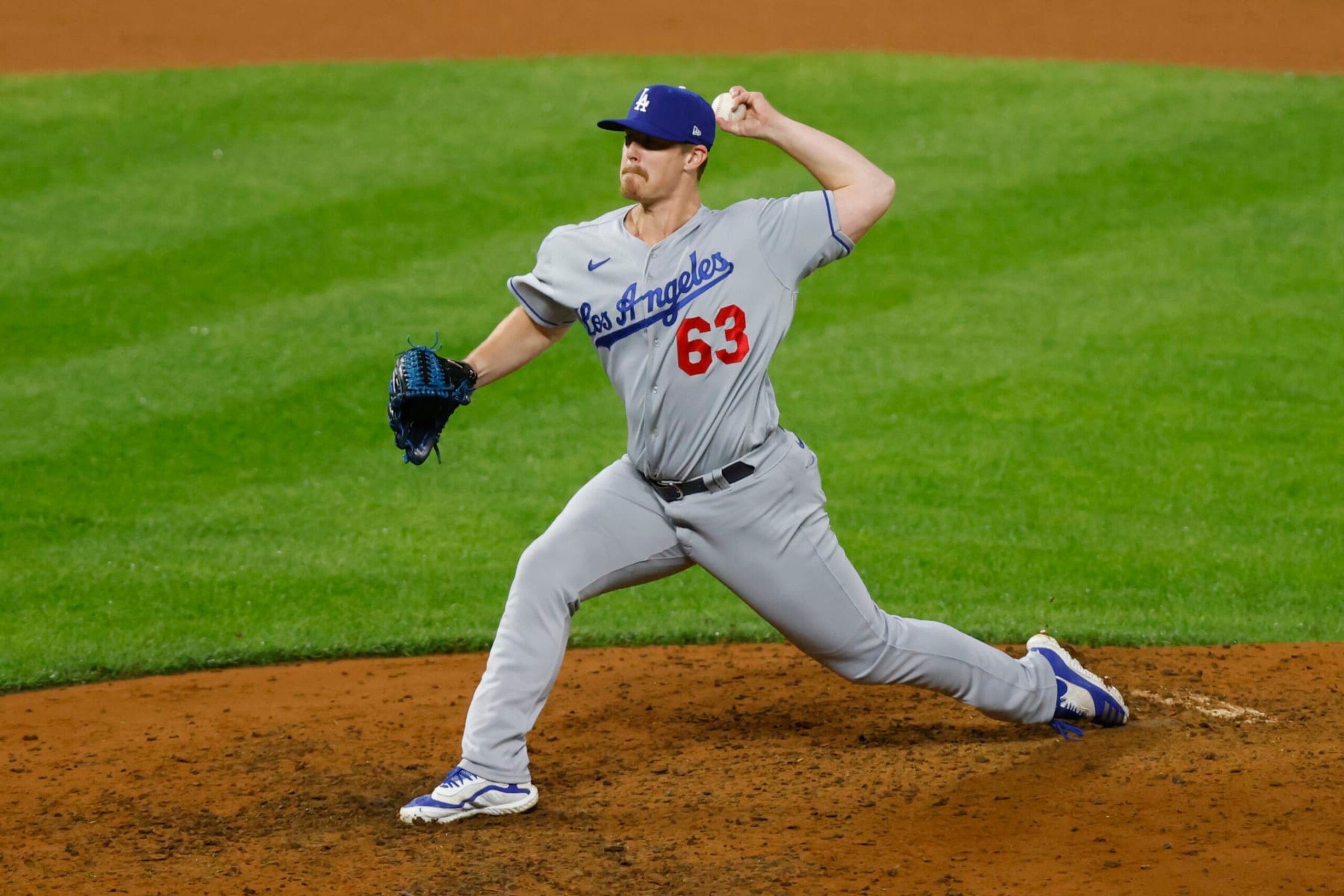 DENVER, CO - JUNE 29:  Reliever Justin Bruihl #63 of the Los Angeles Dodgers pitches in the eighth inning against the Colorado Rockies at Coors Field on June 29, 2023 in Denver, Colorado. (Photo by Justin Edmonds/Getty Images)