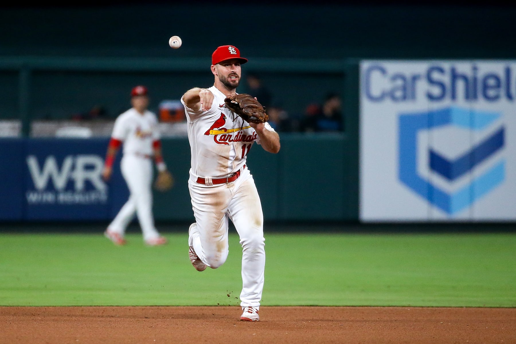 ST. LOUIS, MO - JULY 17: Paul DeJong #11 of the St. Louis Cardinals makes a play during the seventh inning against the Miami Marlins at Busch Stadium on July 17, 2023 in St. Louis, Missouri. (Photo by Scott Kane/Getty Images)