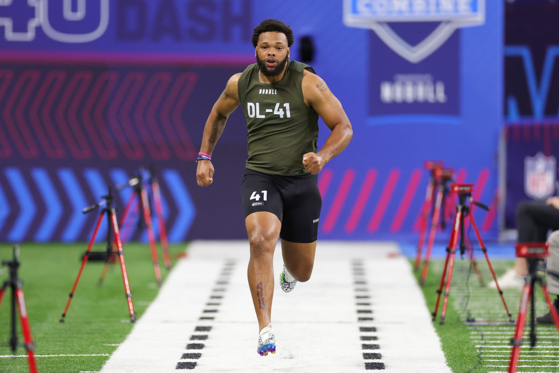 INDIANAPOLIS, INDIANA - MARCH 02: Defensive lineman Caleb Murphy of Ferris State participates in the 40-yard dash during the NFL Combine at Lucas Oil Stadium on March 02, 2023 in Indianapolis, Indiana. (Photo by Stacy Revere/Getty Images)