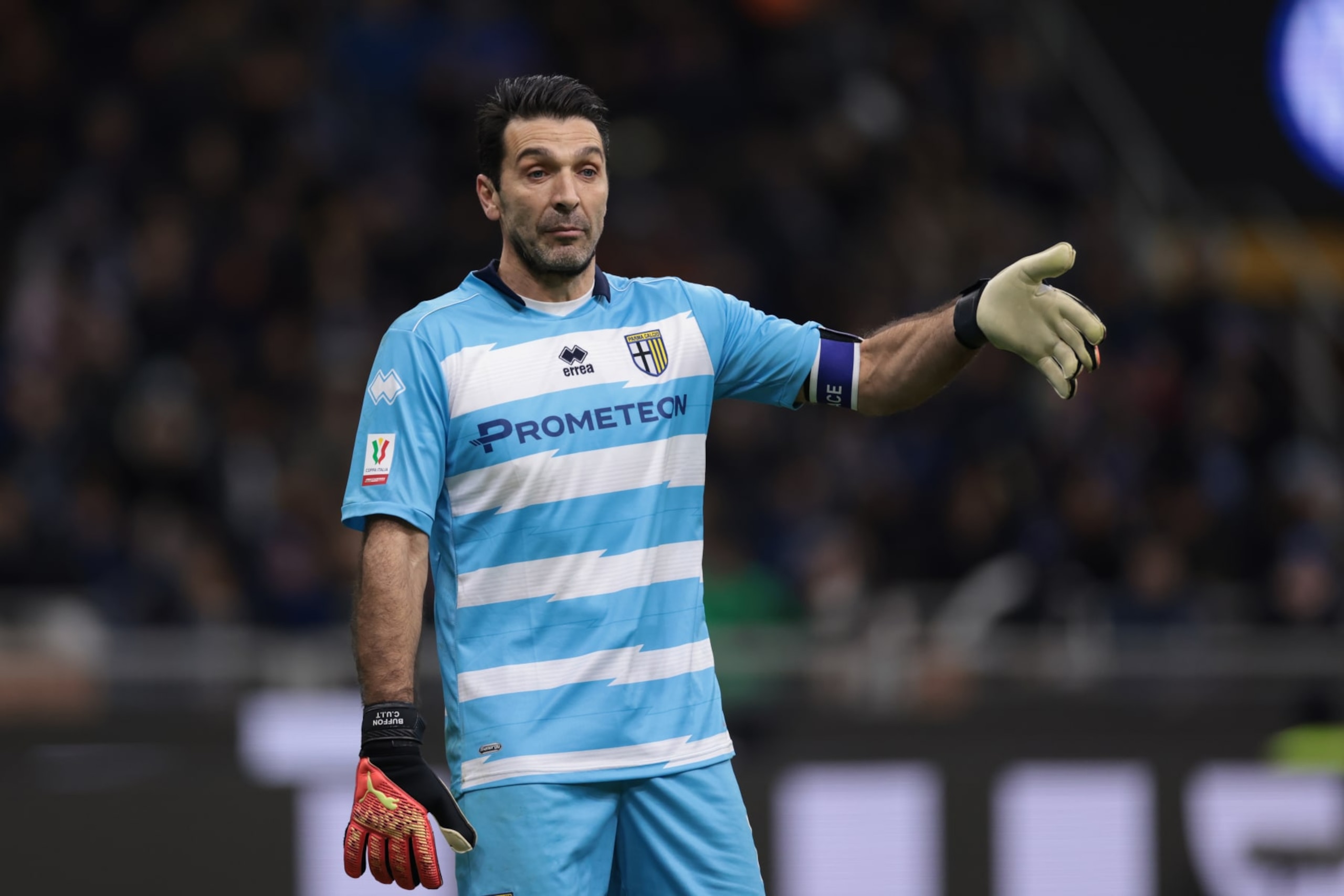 MILAN, ITALY - JANUARY 10: Gianluigi Buffon of Parma Calcio reacts during the Coppa Italia Round of Sixteen tie at at Stadio Giuseppe Meazza on January 10, 2023 in Milan, Italy. (Photo by Jonathan Moscrop/Getty Images) MILAN, ITALY - JANUARY 10: Gianluigi Buffon of Parma Calcio reacts during the Coppa Italia Round of Sixteen tie at at Stadio Giuseppe Meazza on January 10, 2023 in Milan, Italy. (Photo by Jonathan Moscrop/Getty Images)