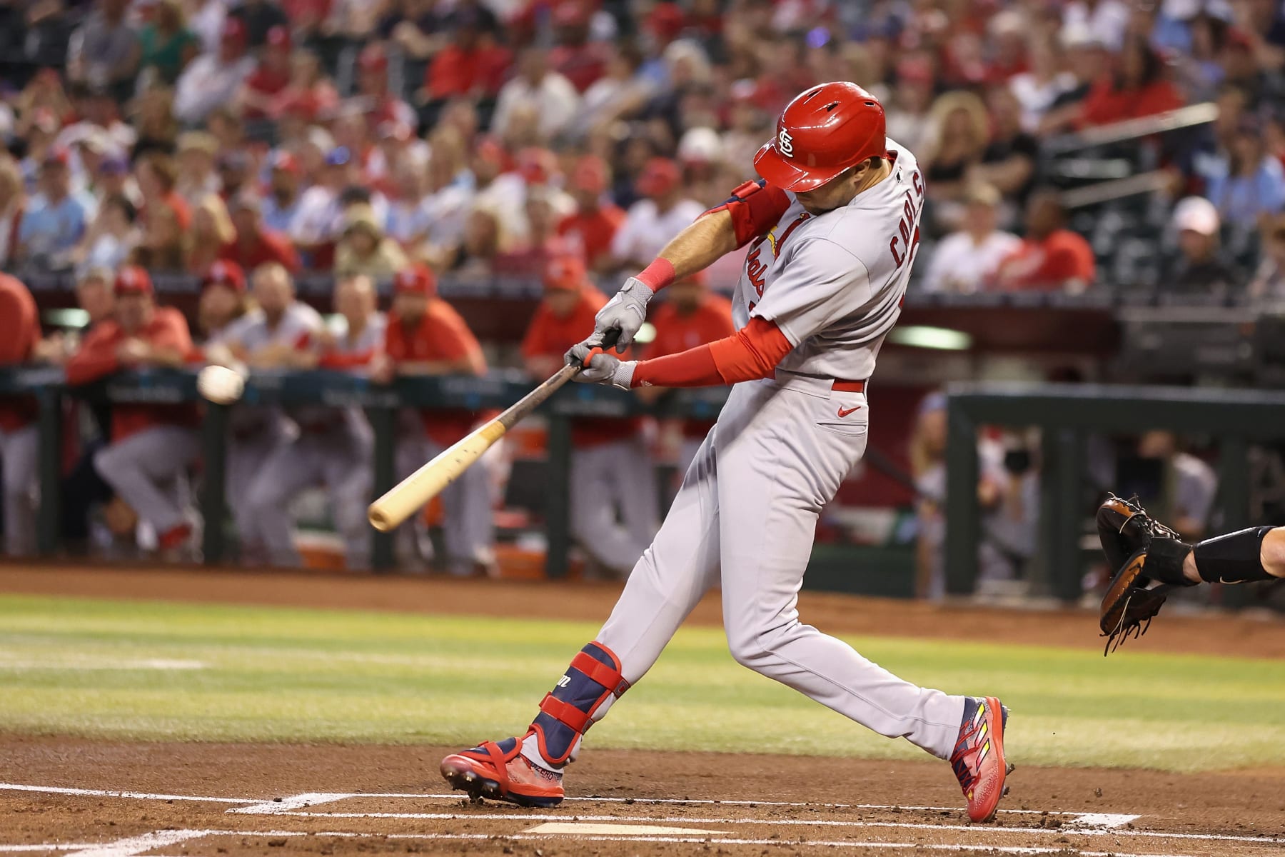 PHOENIX, ARIZONA - JULY 24: Dylan Carlson #3 of the St. Louis Cardinals bats against the Arizona Diamondbacks during the MLB game at Chase Field on July 24, 2023 in Phoenix, Arizona. The Cardinals defeated the Diamondbacks 10-6. (Photo by Christian Petersen/Getty Images)
