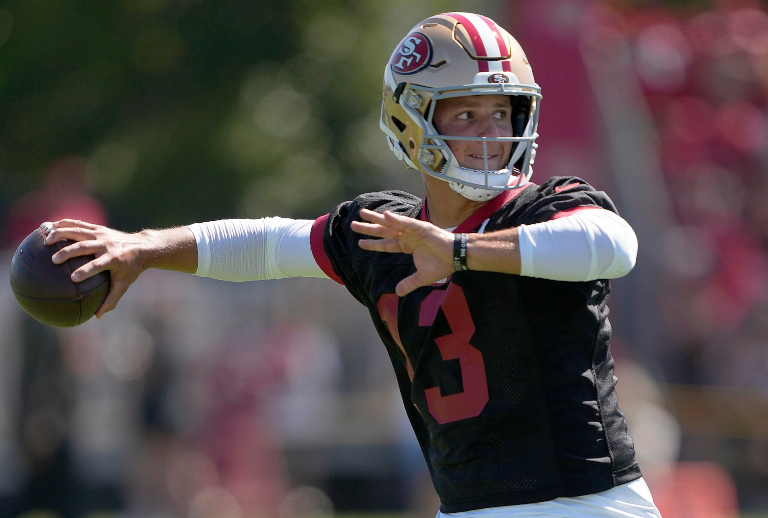 SANTA CLARA, CALIFORNIA - JULY 27: Brock Purdy #13 of the San Francisco 49ers works out during training camp at SAP Performance Facility on July 27, 2023 in Santa Clara, California. (Photo by Thearon W. Henderson/Getty Images)