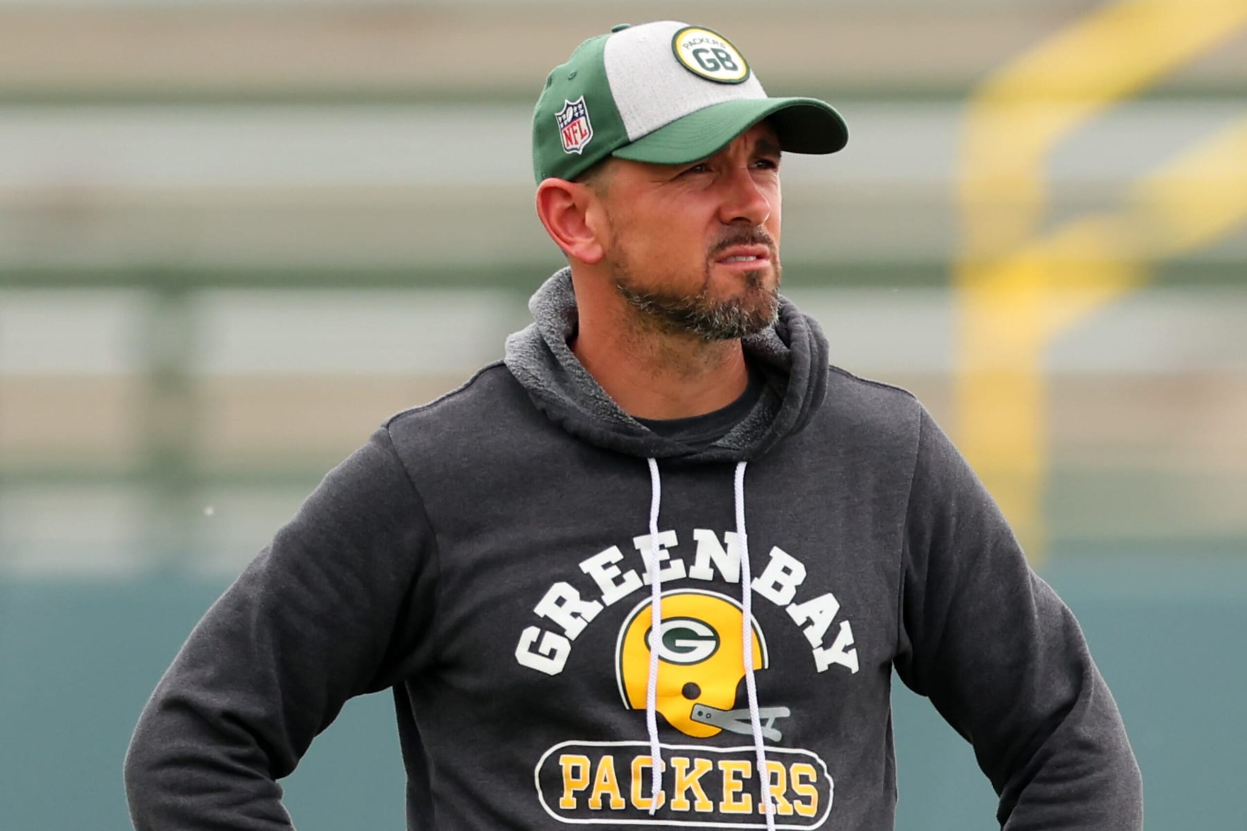 ASHWAUBENON, WISCONSIN - MAY 31: Head coach Matt LaFleur of the Green Bay Packers watches action during an OTA practice session at Don Hutson Center on May 31, 2023 in Ashwaubenon, Wisconsin. (Photo by Stacy Revere/Getty Images)