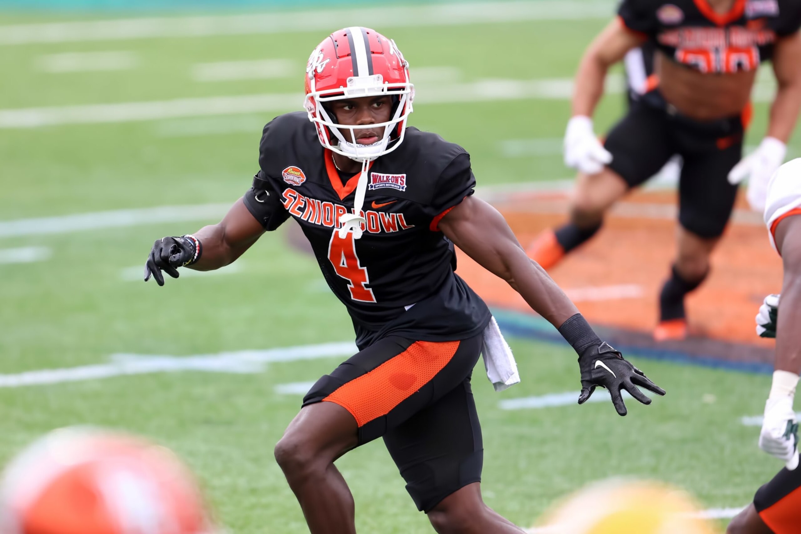 MOBILE, AL - FEBRUARY 01: National defensive back Jakorian Bennett of Maryland (4) during the Reese's Senior Bowl National team practice session on February 1, 2023 at Hancock Whitney Stadium in Mobile, Alabama.  (Photo by Michael Wade/Icon Sportswire via Getty Images)