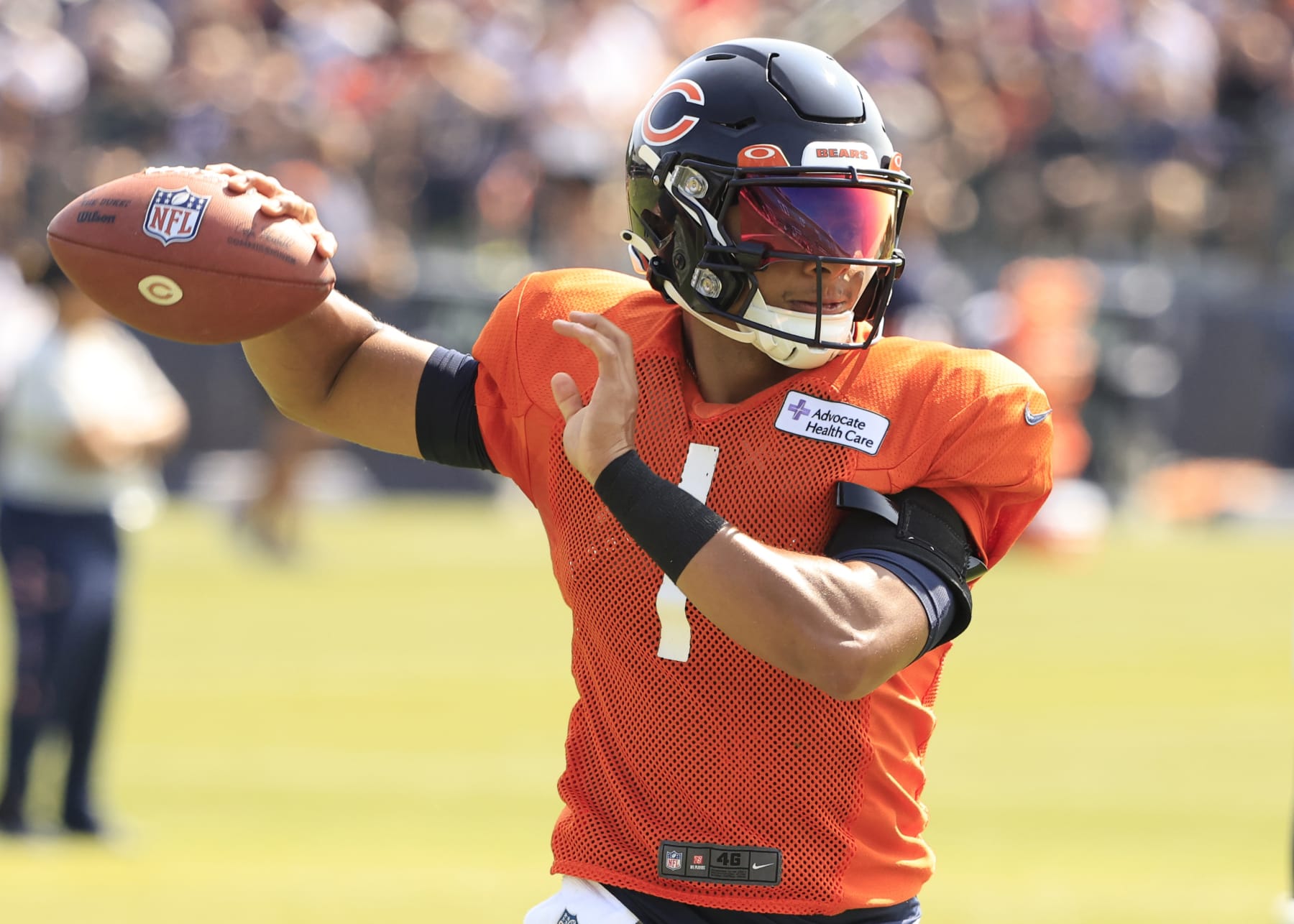 LAKE FOREST, ILLINOIS - JULY 31: Justin Fields #1 of the Chicago Bears throws a pass during the Chicago Bears Training Camp at Halas Hall on July 31, 2023 in Lake Forest, Illinois. (Photo by Justin Casterline/Getty Images)