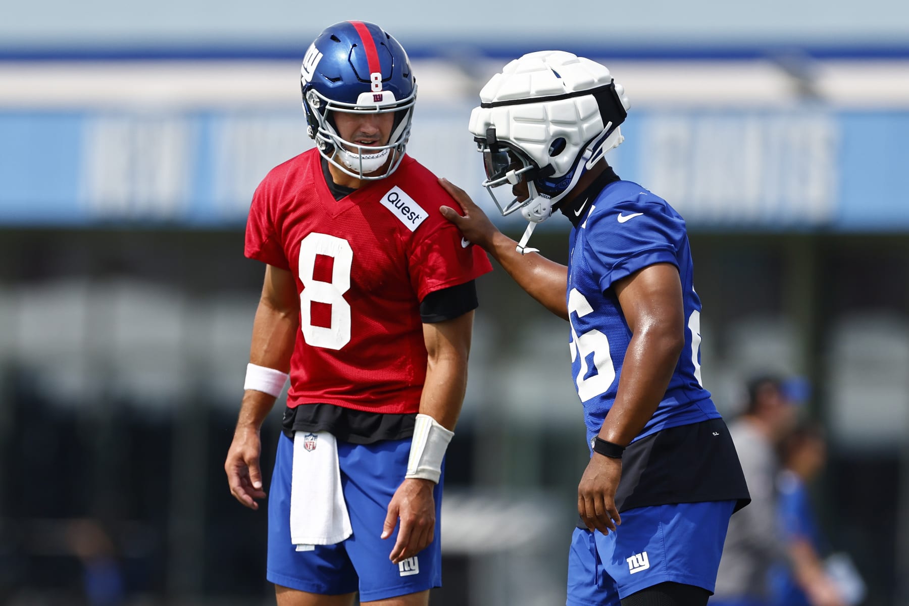EAST RUTHERFORD, NEW JERSEY - JULY 27: Quarterback Daniel Jones #8 and running back Saquon Barkley #26 of the New York Giants during training camp at NY Giants Quest Diagnostics Training Center on July 27, 2023 in East Rutherford, New Jersey. (Photo by Rich Schultz/Getty Images)