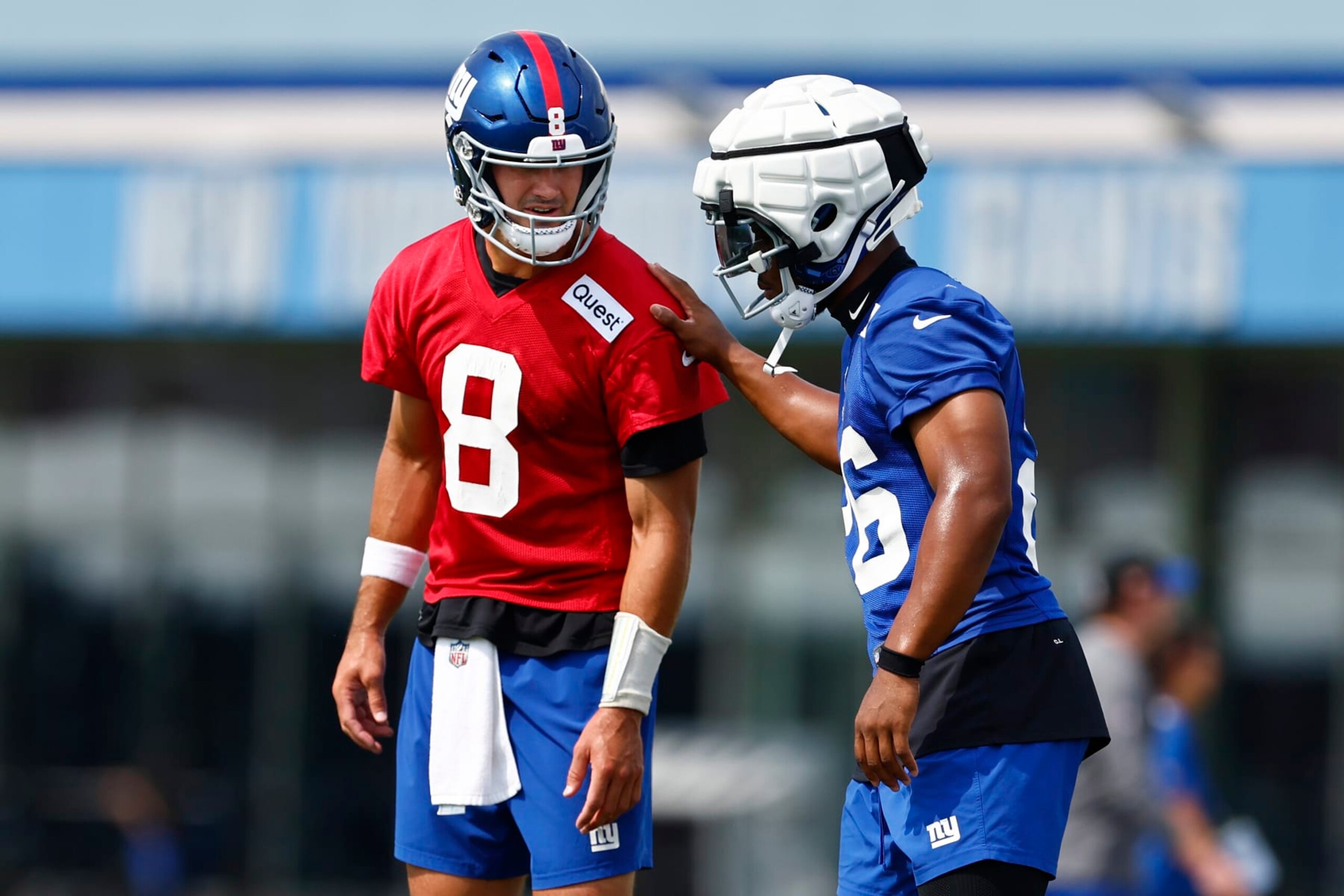 EAST RUTHERFORD, NEW JERSEY - JULY 27: Quarterback Daniel Jones #8 and running back Saquon Barkley #26 of the New York Giants during training camp at NY Giants Quest Diagnostics Training Center on July 27, 2023 in East Rutherford, New Jersey. (Photo by Rich Schultz/Getty Images)