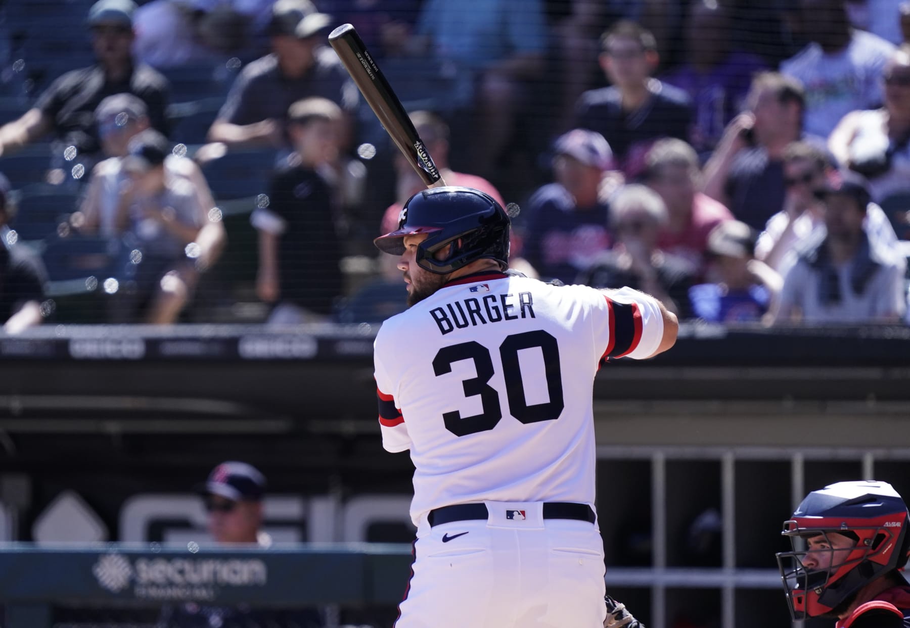 CHICAGO, ILLINOIS - JULY 30: Jake Burger #30 of the Chicago White Sox bats against the Cleveland Guardians at Guaranteed Rate Field on July 30, 2023 in Chicago, Illinois. (Photo by Nuccio DiNuzzo/Getty Images)