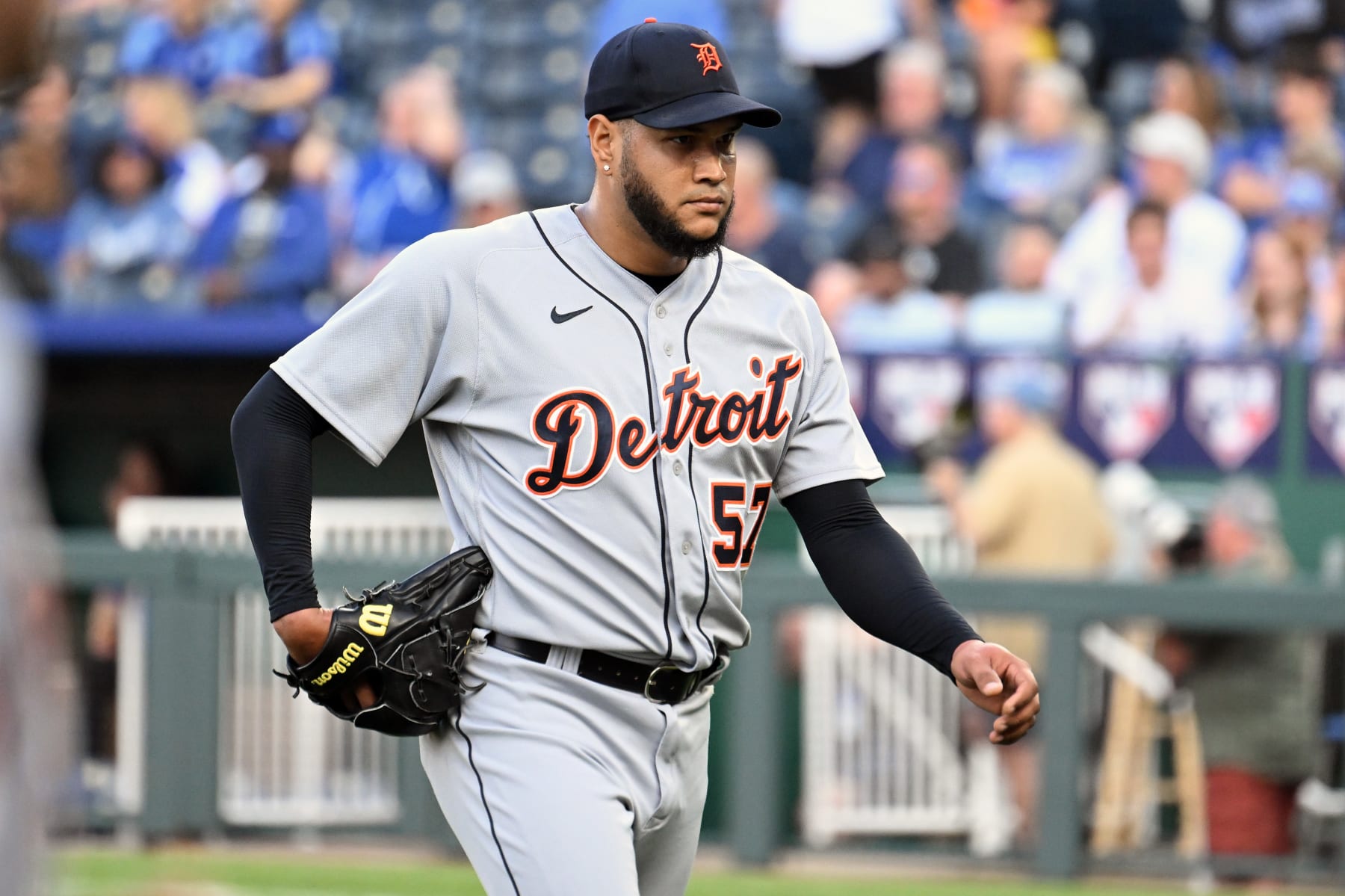 KANSAS CITY, MO - MAY 23: Detroit Tigers starting pitcher Eduardo Rodriguez (57) as seen after pitching in the first inning during an MLB game between the Detroit Tigers and the Kansas City Royals on May 23, 2023, at Kauffman Stadium, in Kansas City,  MO. (Photo by Keith Gillett/Icon Sportswire via Getty Images)