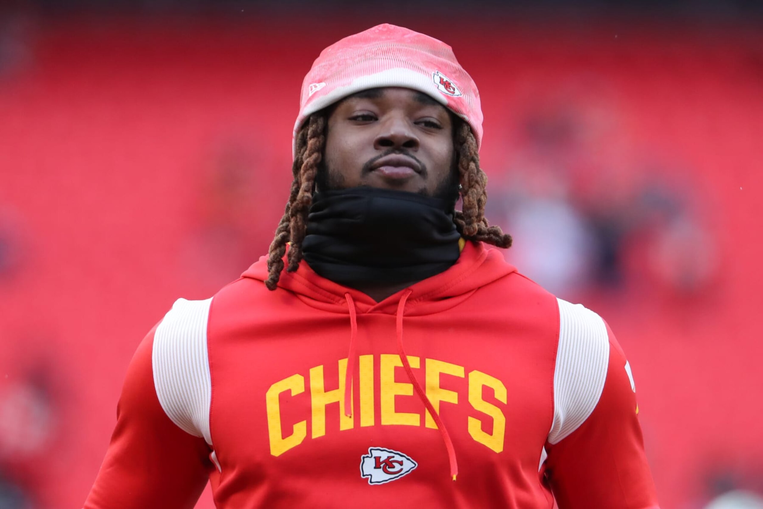 KANSAS CITY, MO - JANUARY 21: Kansas City Chiefs running back Ronald Jones (2) before an AFC divisional playoff game between the Jacksonville Jaguars and Kansas City Chiefs on January 21, 2023 at GEHA Field at Arrowhead Stadium in Kansas City, MO. (Photo by Scott Winters/Icon Sportswire via Getty Images)