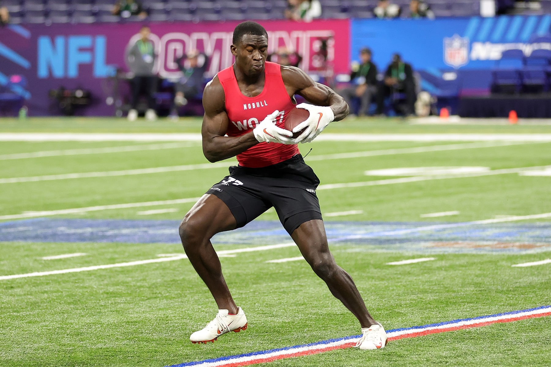 INDIANAPOLIS, INDIANA - MARCH 04: Joseph Ngata of Clemson participates in a drill during the NFL Combine at Lucas Oil Stadium on March 04, 2023 in Indianapolis, Indiana. (Photo by Stacy Revere/Getty Images)