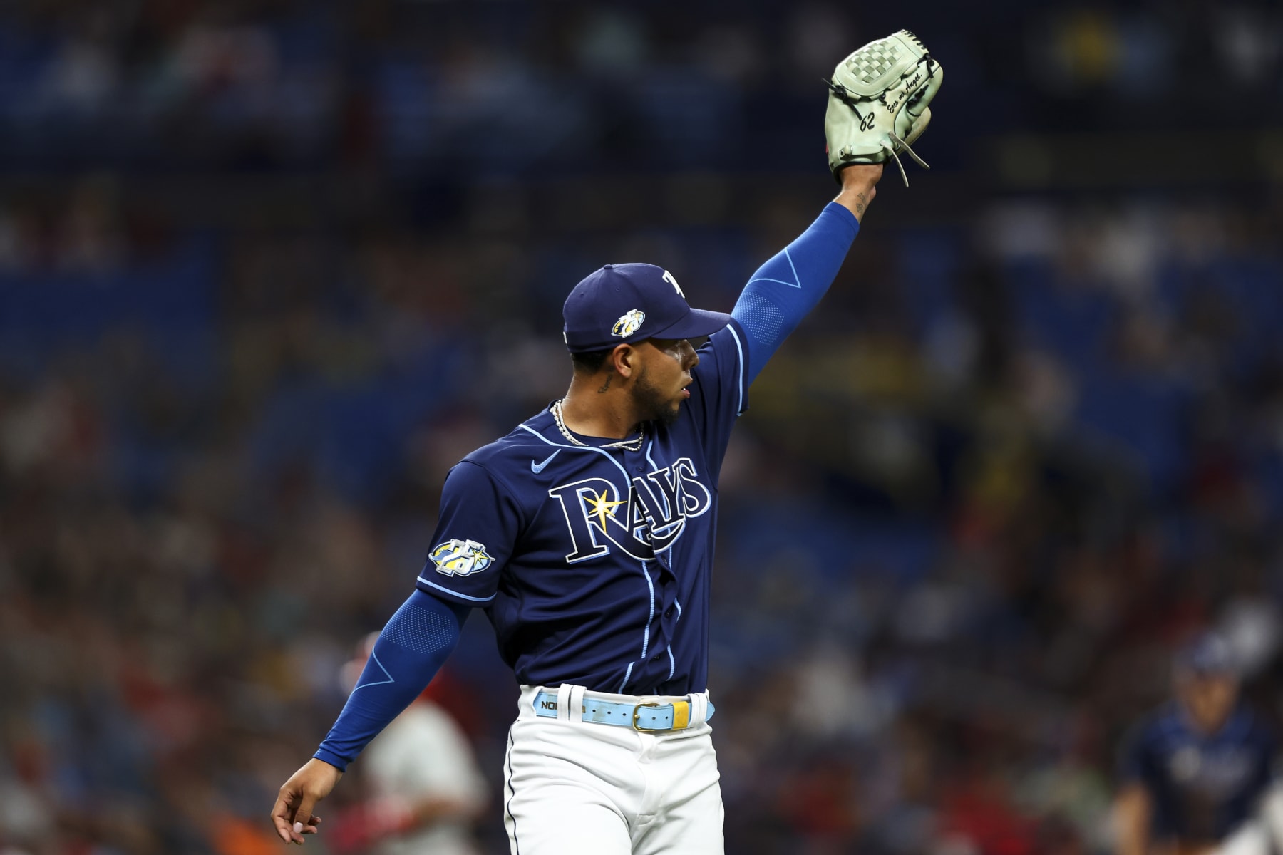 ST PETERSBURG, FL - JULY 5: Luis Patino #1 of the Tampa Bay Rays celebrates after a catch in the outfield during a game against the Philadelphia Phillies at Tropicana Field on July 5, 2023 in St Petersburg, Florida. (Photo by Kevin Sabitus/Getty Images)