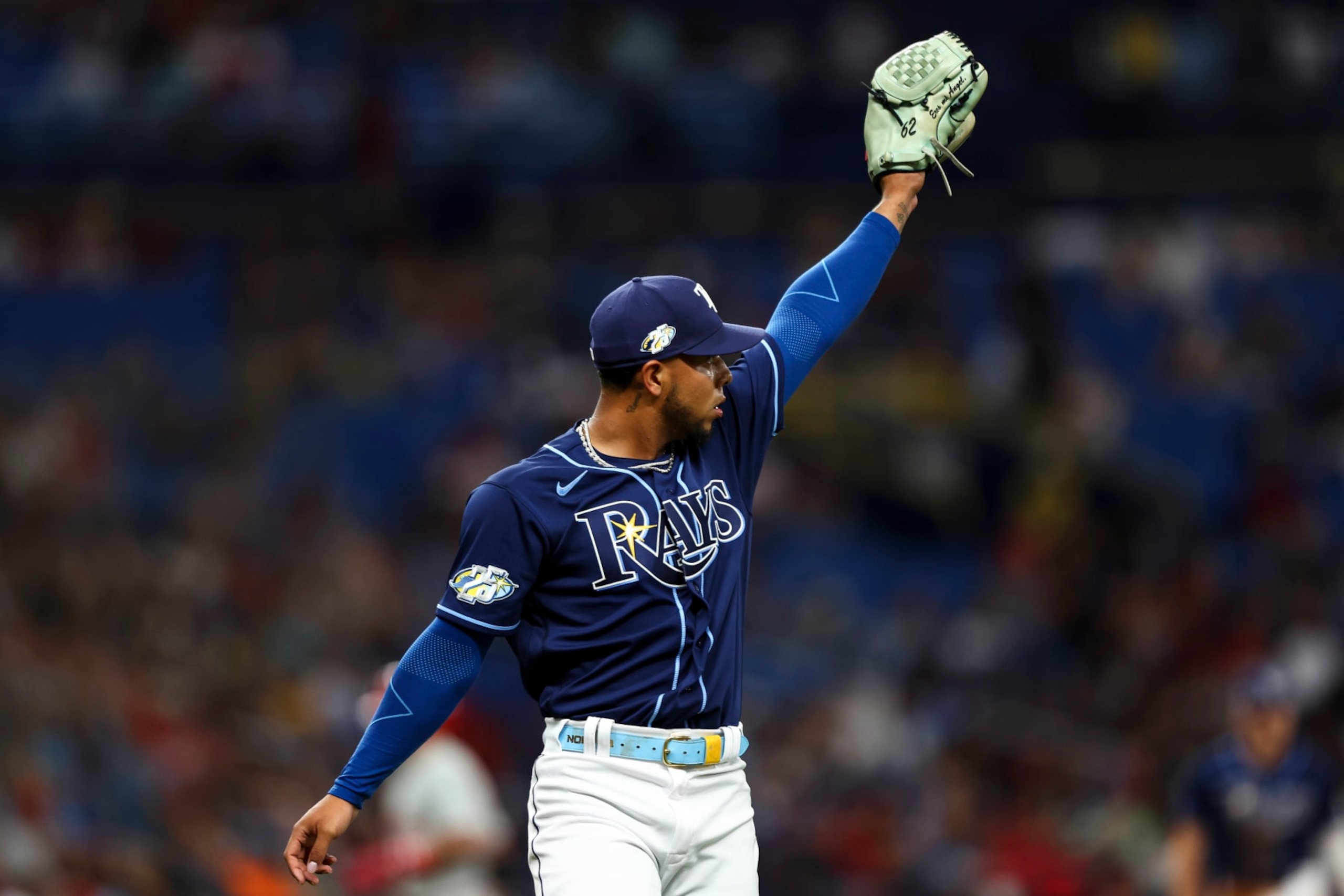 ST PETERSBURG, FL - JULY 5: Luis Patino #1 of the Tampa Bay Rays celebrates after a catch in the outfield during a game against the Philadelphia Phillies at Tropicana Field on July 5, 2023 in St Petersburg, Florida. (Photo by Kevin Sabitus/Getty Images)
