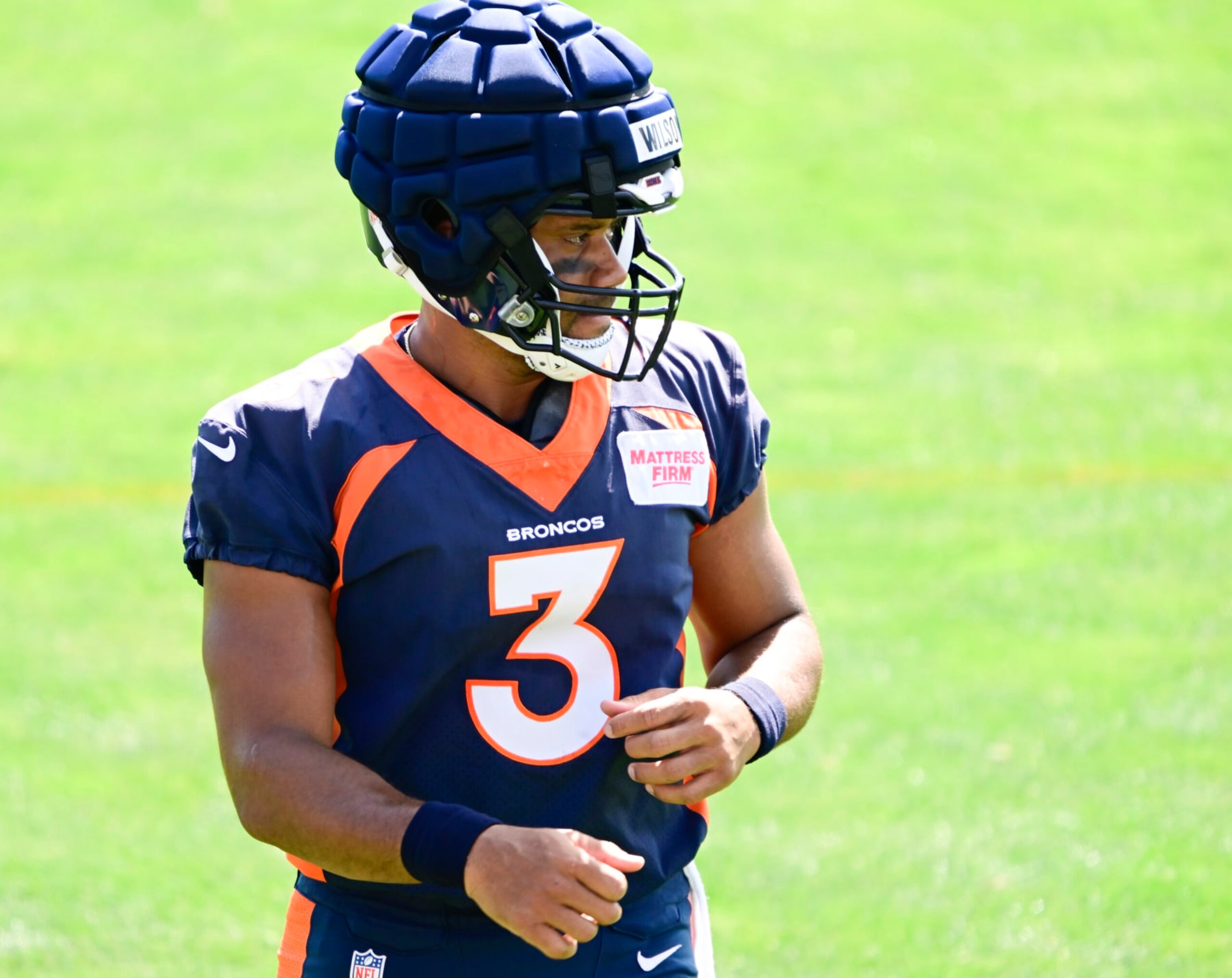 ENGLEWOOD, CO - JULY 29: Denver Broncos quarterback Russell Wilson (3) during training camp practice at Centura Health Training Center July 29, 2023. (Photo by Andy Cross/MediaNews Group/The Denver Post via Getty Images)