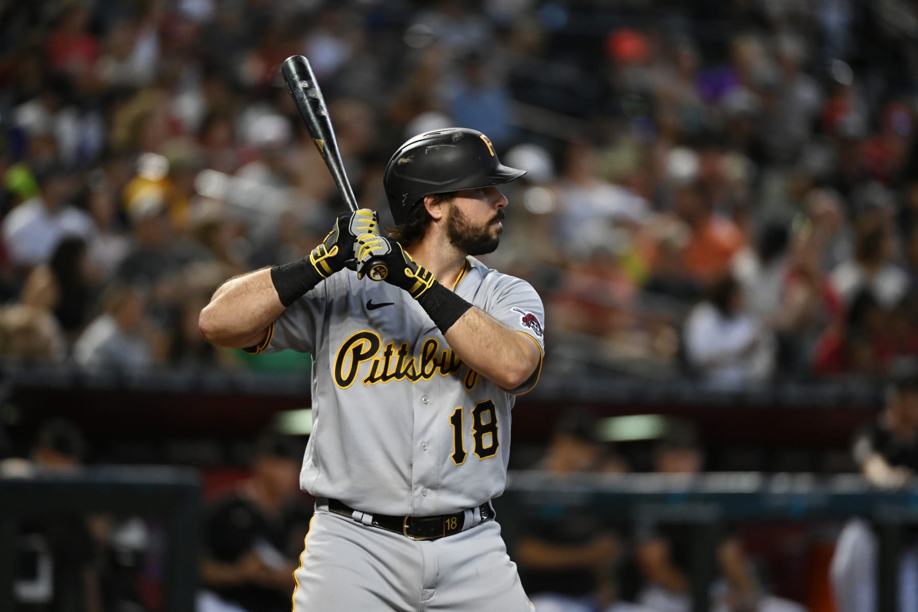 PHOENIX, ARIZONA - JULY 09: Austin Hedges #18 of the Pittsburgh Pirates gets ready in the batters box against the Arizona Diamondbacks at Chase Field on July 09, 2023 in Phoenix, Arizona. (Photo by Norm Hall/Getty Images)