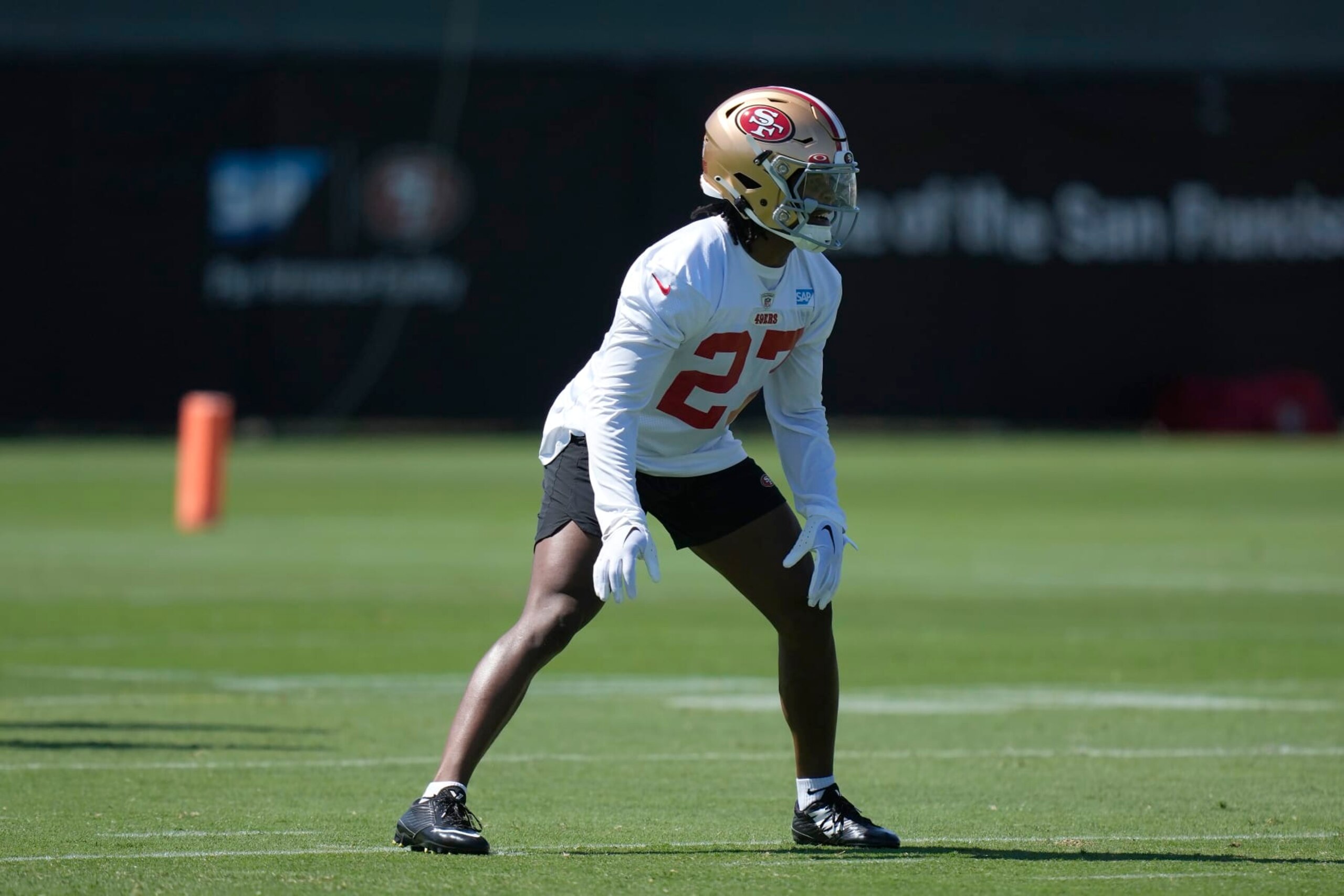 San Francisco 49ers' Ji'Ayir Brown during the NFL team's football training camp in Santa Clara, Calif., Thursday, July 27, 2023. (AP Photo/Jeff Chiu)