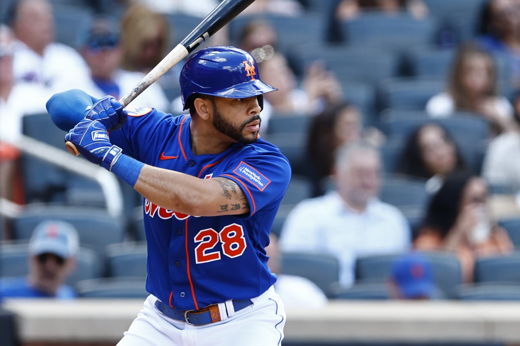 NEW YORK, NEW YORK - JULY 30: Tommy Pham #28 of the New York Mets in action during a game against the Washington Nationals at Citi Field on July 30, 2023 in New York City. The Mets defeated the Nationals 5-2. (Photo by Rich Schultz/Getty Images)