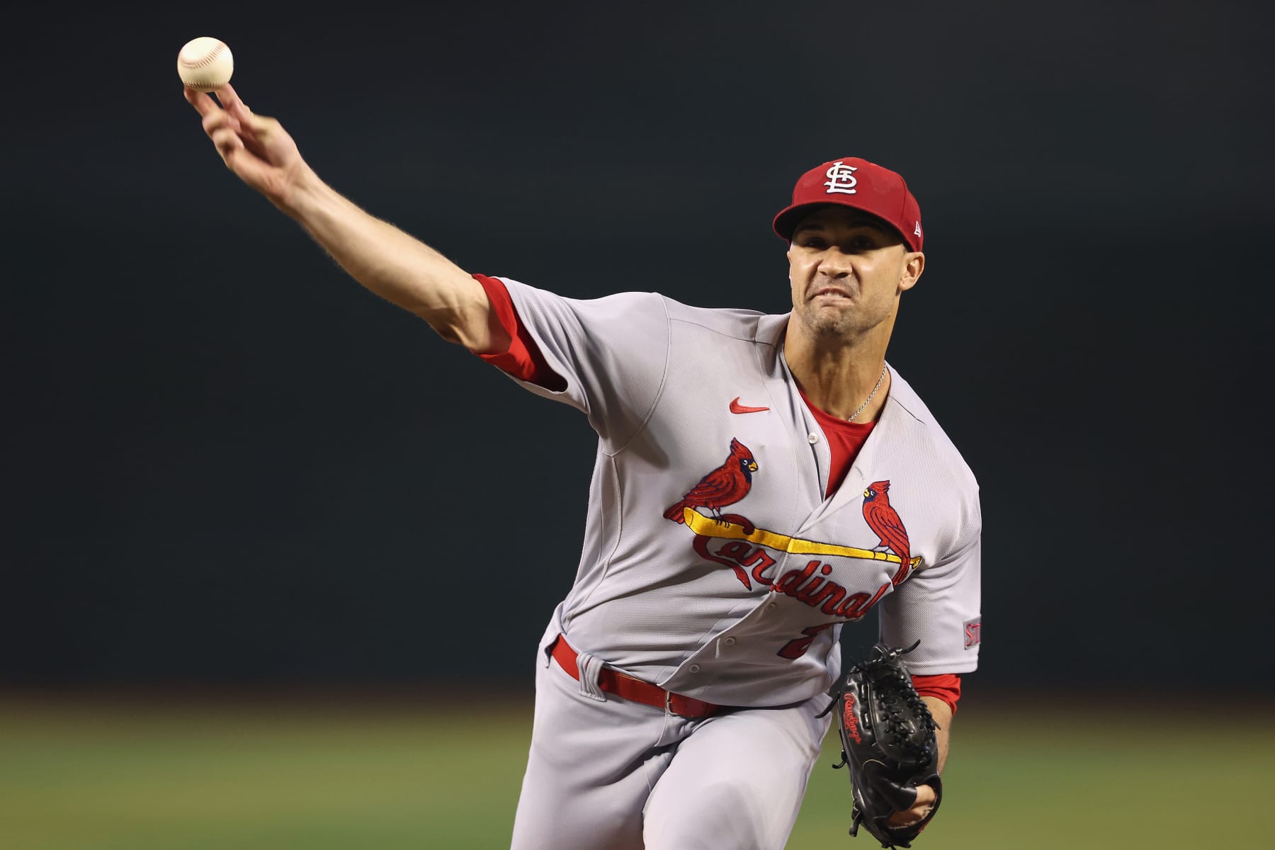 PHOENIX, ARIZONA - JULY 26: Starting pitcher Jack Flaherty #22 of the St. Louis Cardinals throws a warm-up pitch during the first inning of the MLB game against the Arizona Diamondbacks at Chase Field on July 26, 2023 in Phoenix, Arizona. (Photo by Christian Petersen/Getty Images)