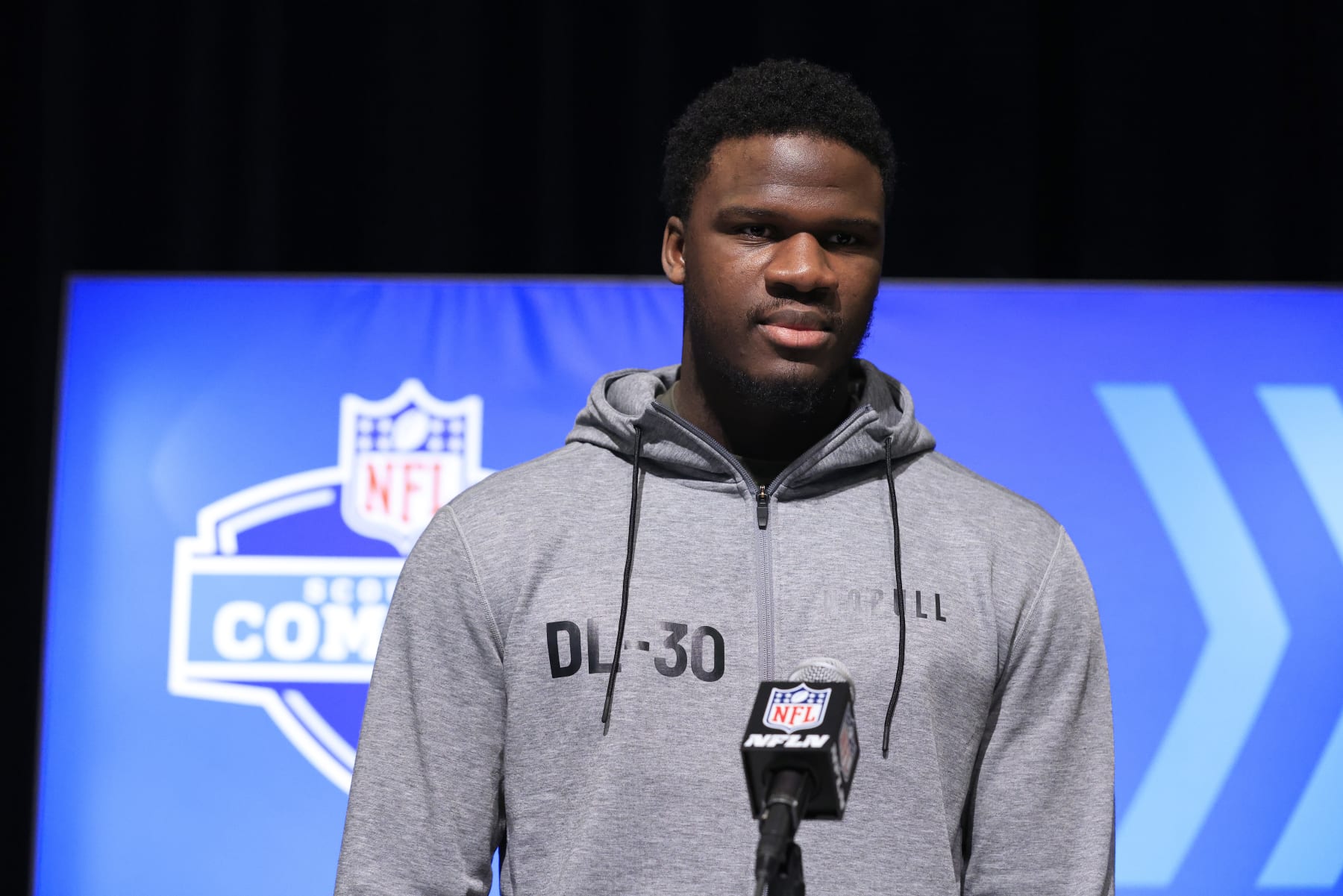 INDIANAPOLIS, INDIANA - MARCH 01: Defensive lineman Ali Gaye of Louisiana State speaks with the media during the NFL Combine at Lucas Oil Stadium on March 01, 2023 in Indianapolis, Indiana. (Photo by Justin Casterline/Getty Images)