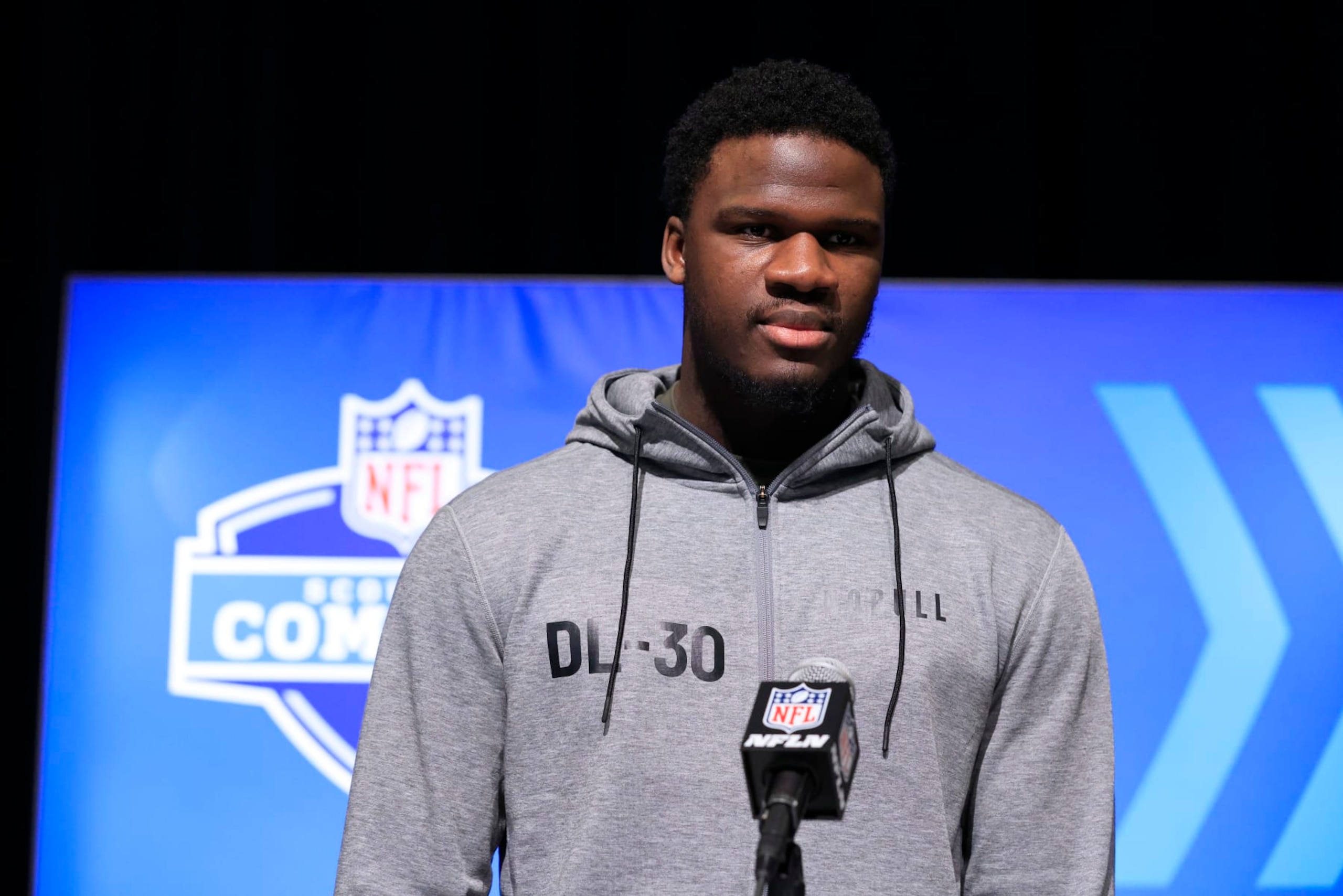 INDIANAPOLIS, INDIANA - MARCH 01: Defensive lineman Ali Gaye of Louisiana State speaks with the media during the NFL Combine at Lucas Oil Stadium on March 01, 2023 in Indianapolis, Indiana. (Photo by Justin Casterline/Getty Images) INDIANAPOLIS, INDIANA - MARCH 01: Defensive lineman Ali Gaye of Louisiana State speaks with the media during the NFL Combine at Lucas Oil Stadium on March 01, 2023 in Indianapolis, Indiana. (Photo by Justin Casterline/Getty Images)