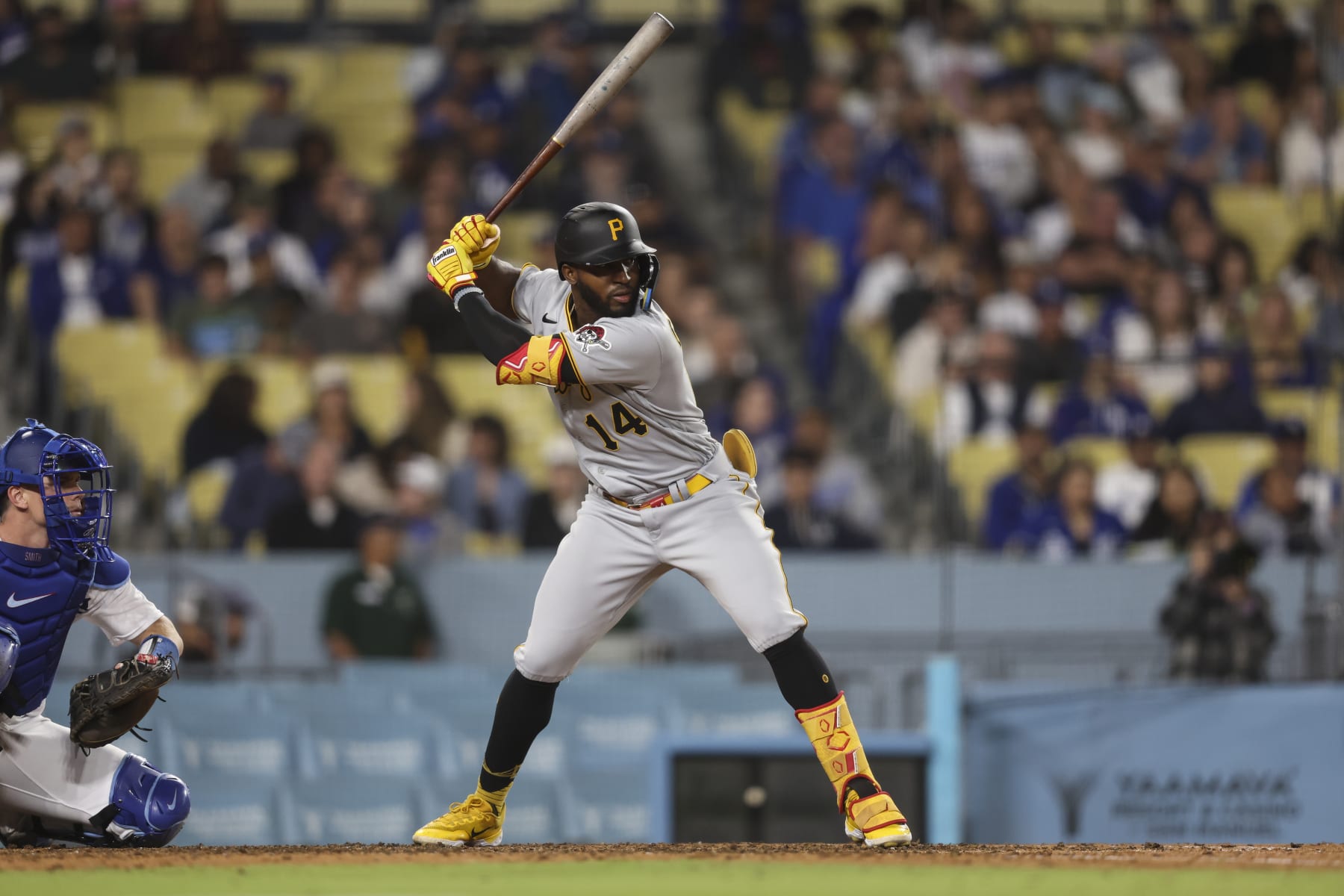LOS ANGELES, CALIFORNIA - JULY 05: Rodolfo Castro #14 of the Pittsburgh Pirates at bat against the Los Angeles Dodgers during the eighth inning at Dodger Stadium on July 05, 2023 in Los Angeles, California. (Photo by Michael Owens/Getty Images)