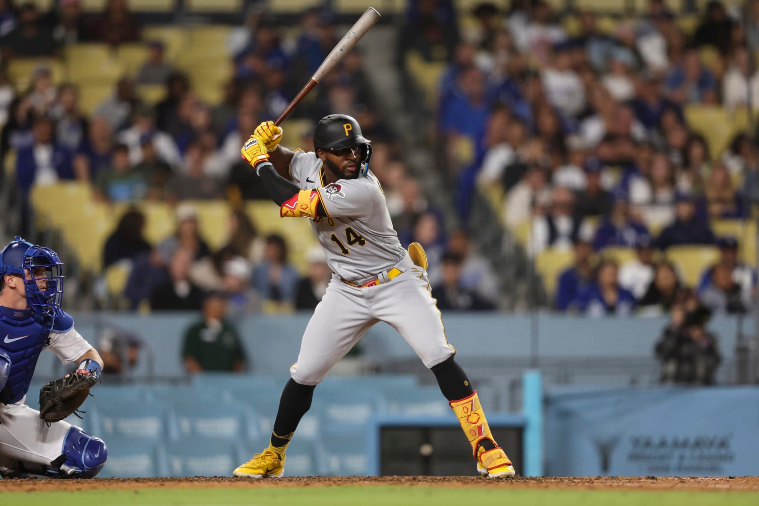 LOS ANGELES, CALIFORNIA - JULY 05: Rodolfo Castro #14 of the Pittsburgh Pirates at bat against the Los Angeles Dodgers during the eighth inning at Dodger Stadium on July 05, 2023 in Los Angeles, California. (Photo by Michael Owens/Getty Images)