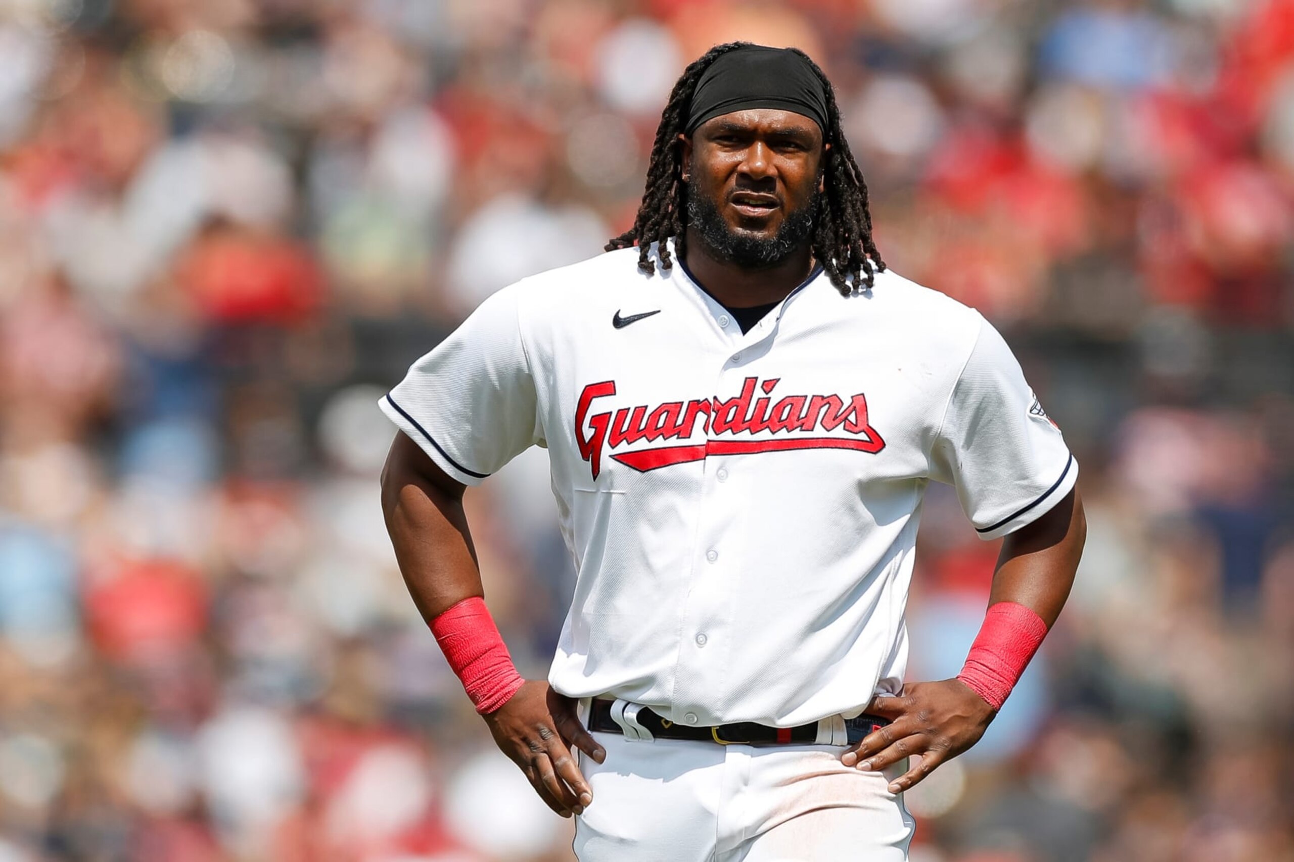 CLEVELAND, OHIO - JULY 23: Josh Bell #55 of the Cleveland Guardians reacts during the sixth inning against the Philadelphia Phillies at Progressive Field on July 23, 2023 in Cleveland, Ohio. (Photo by Brandon Sloter/Image Of Sport/Getty Images)
