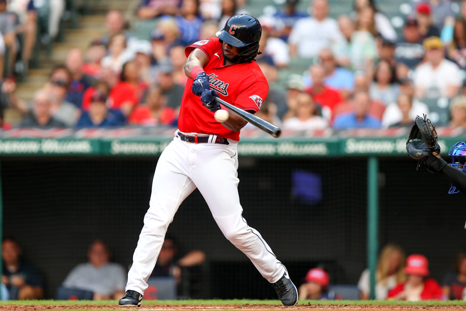 CLEVELAND, OH - JULY 25: Cleveland Guardians designated hitter Josh Bell (55) doubles during the fifth inning of the Major League Baseball game between the Kansas City Royals and Cleveland Guardians on July 25, 2023, at Progressive Field in Cleveland, OH.  (Photo by Frank Jansky/Icon Sportswire via Getty Images)