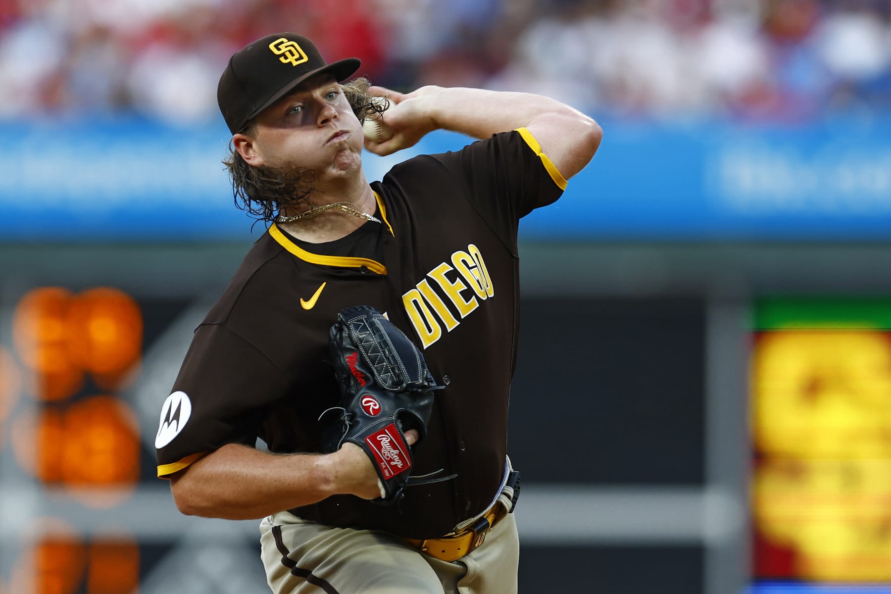 PHILADELPHIA, PENNSYLVANIA - JULY 15: Ryan Weathers #40 of the San Diego Padres delivers a pitch against the Philadelphia Phillies during the first inning of game two of a double header at Citizens Bank Park on July 15, 2023 in Philadelphia, Pennsylvania. (Photo by Rich Schultz/Getty Images)