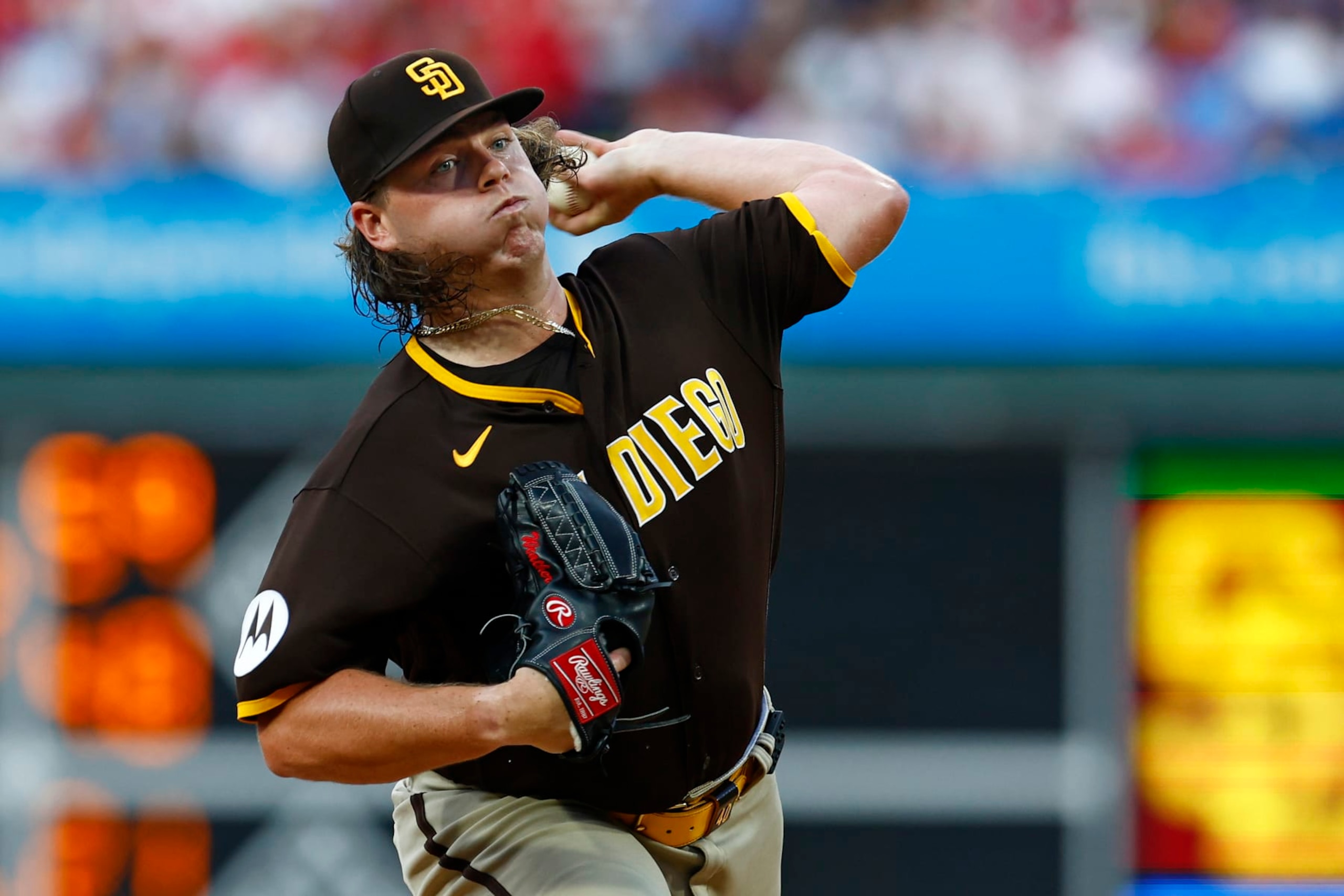 PHILADELPHIA, PENNSYLVANIA - JULY 15: Ryan Weathers #40 of the San Diego Padres delivers a pitch against the Philadelphia Phillies during the first inning of game two of a double header at Citizens Bank Park on July 15, 2023 in Philadelphia, Pennsylvania. (Photo by Rich Schultz/Getty Images)
