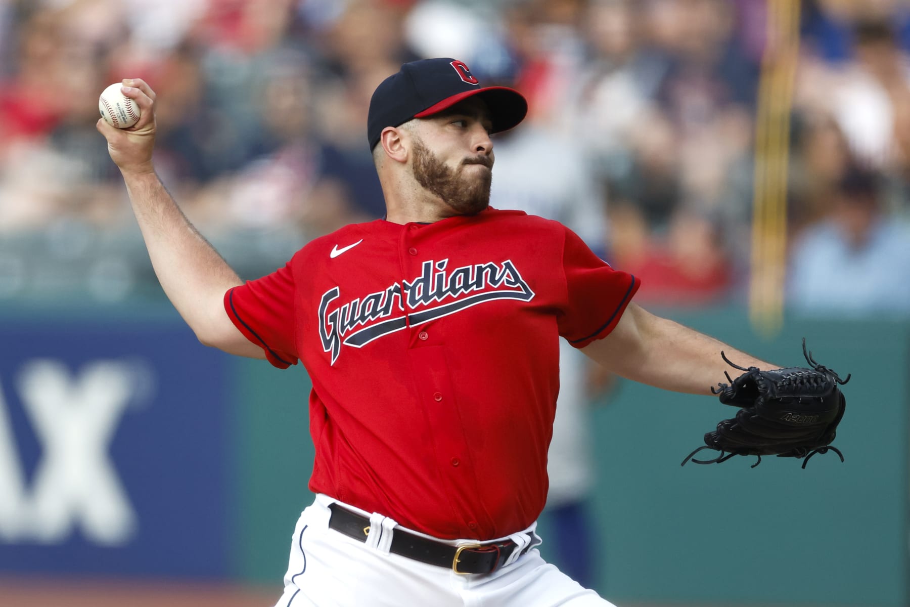 CLEVELAND, OH - JULY 25: Aaron Civale #43 of the Cleveland Guardians pitches against the Kansas City Royals during the first inning at Progressive Field on July 25, 2023 in Cleveland, Ohio. (Photo by Ron Schwane/Getty Images)