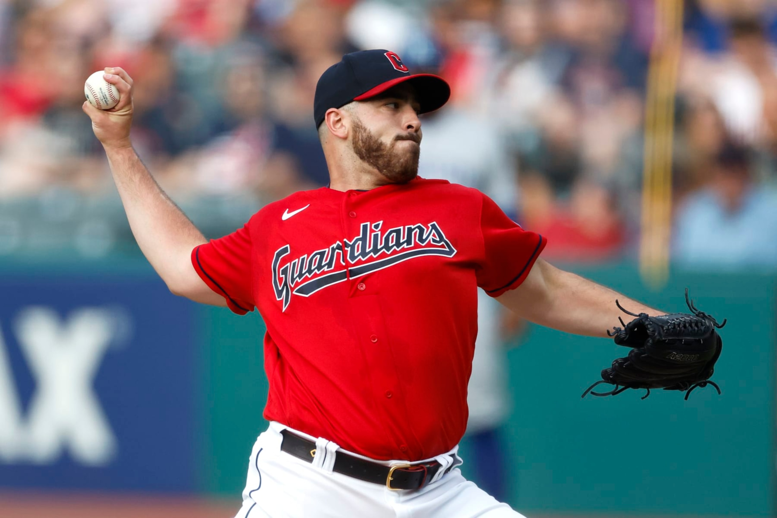 CLEVELAND, OH - JULY 25: Aaron Civale #43 of the Cleveland Guardians pitches against the Kansas City Royals during the first inning at Progressive Field on July 25, 2023 in Cleveland, Ohio. (Photo by Ron Schwane/Getty Images)