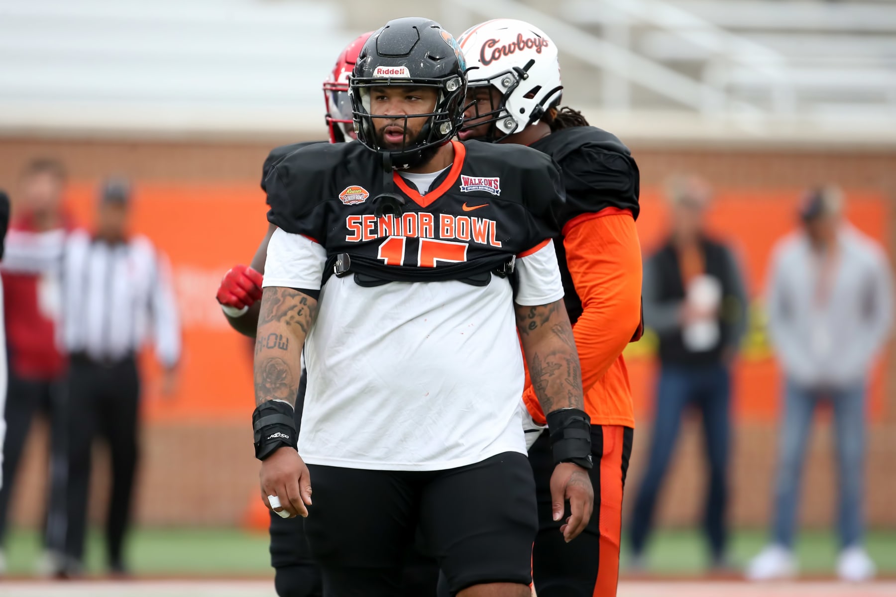 MOBILE, AL - FEBRUARY 02: National defensive lineman Jerrod Clark of Coastal Carolina (15) during the Reese's Senior Bowl team practice session on February 2, 2023 at Hancock Whitney Stadium in Mobile, Alabama.  (Photo by Michael Wade/Icon Sportswire via Getty Images)