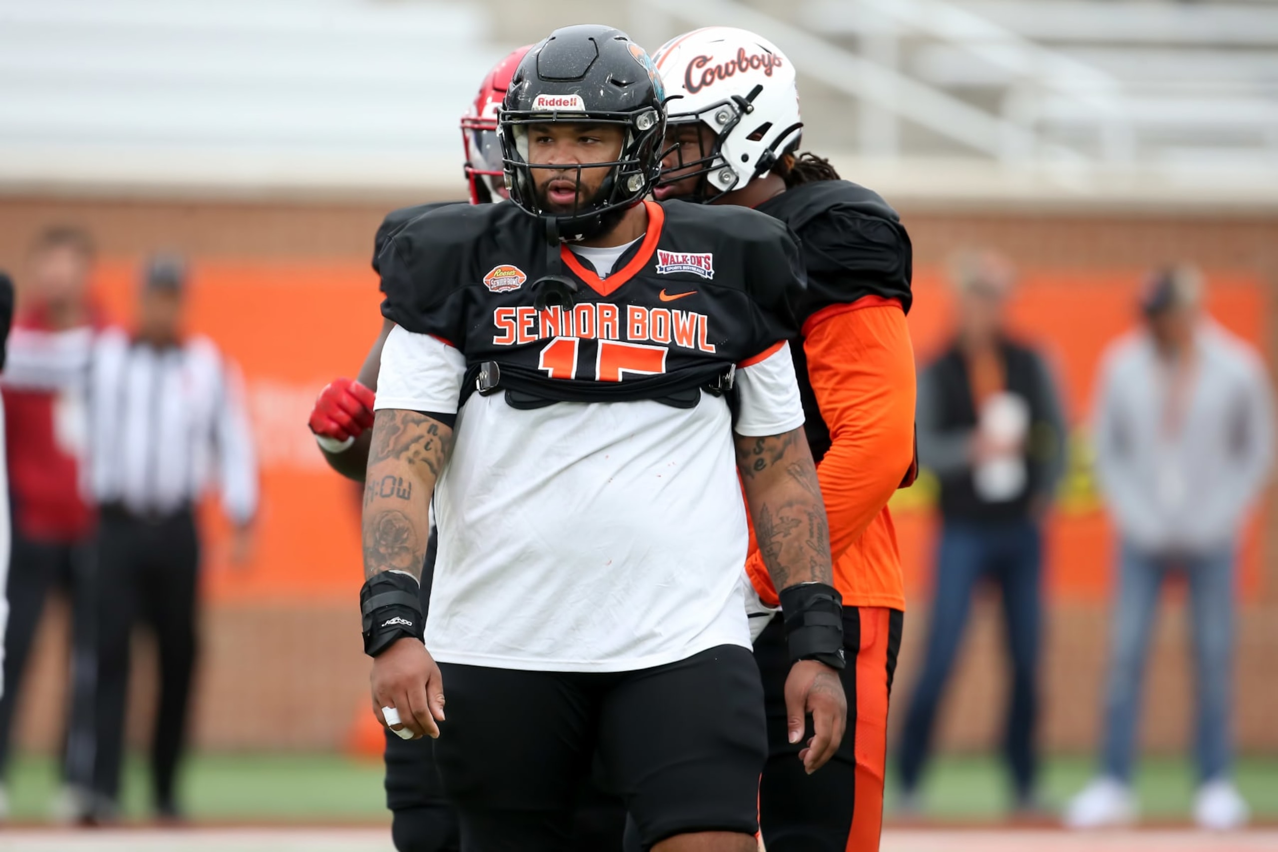 MOBILE, AL - FEBRUARY 02: National defensive lineman Jerrod Clark of Coastal Carolina (15) during the Reese's Senior Bowl team practice session on February 2, 2023 at Hancock Whitney Stadium in Mobile, Alabama. (Photo by Michael Wade/Icon Sportswire via Getty Images) MOBILE, AL - FEBRUARY 02: National defensive lineman Jerrod Clark of Coastal Carolina (15) during the Reese's Senior Bowl team practice session on February 2, 2023 at Hancock Whitney Stadium in Mobile, Alabama. (Photo by Michael Wade/Icon Sportswire via Getty Images)