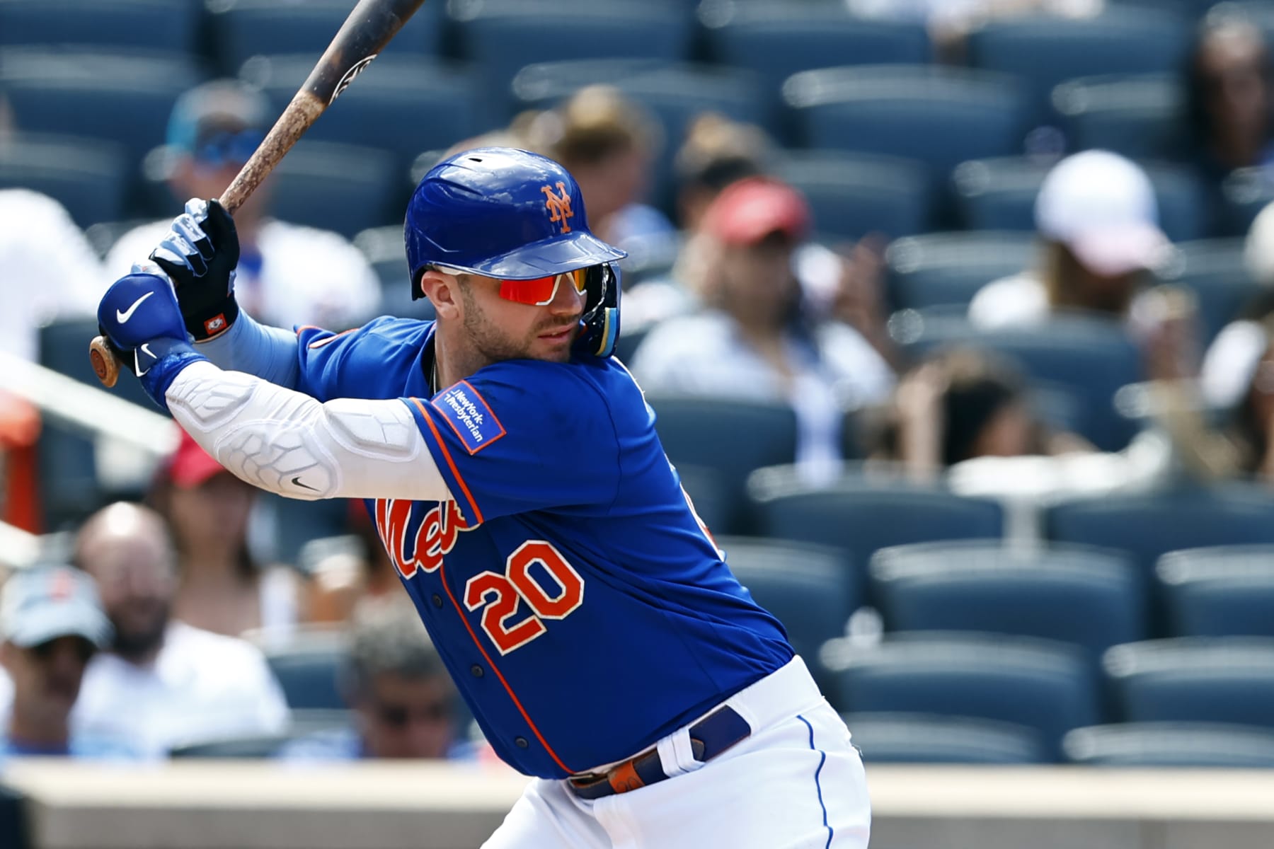 NEW YORK, NEW YORK - JULY 30: Pete Alonso #20 of the New York Mets in action during a game against the Washington Nationals at Citi Field on July 30, 2023 in New York City. The Mets defeated the Nationals 5-2. (Photo by Rich Schultz/Getty Images)