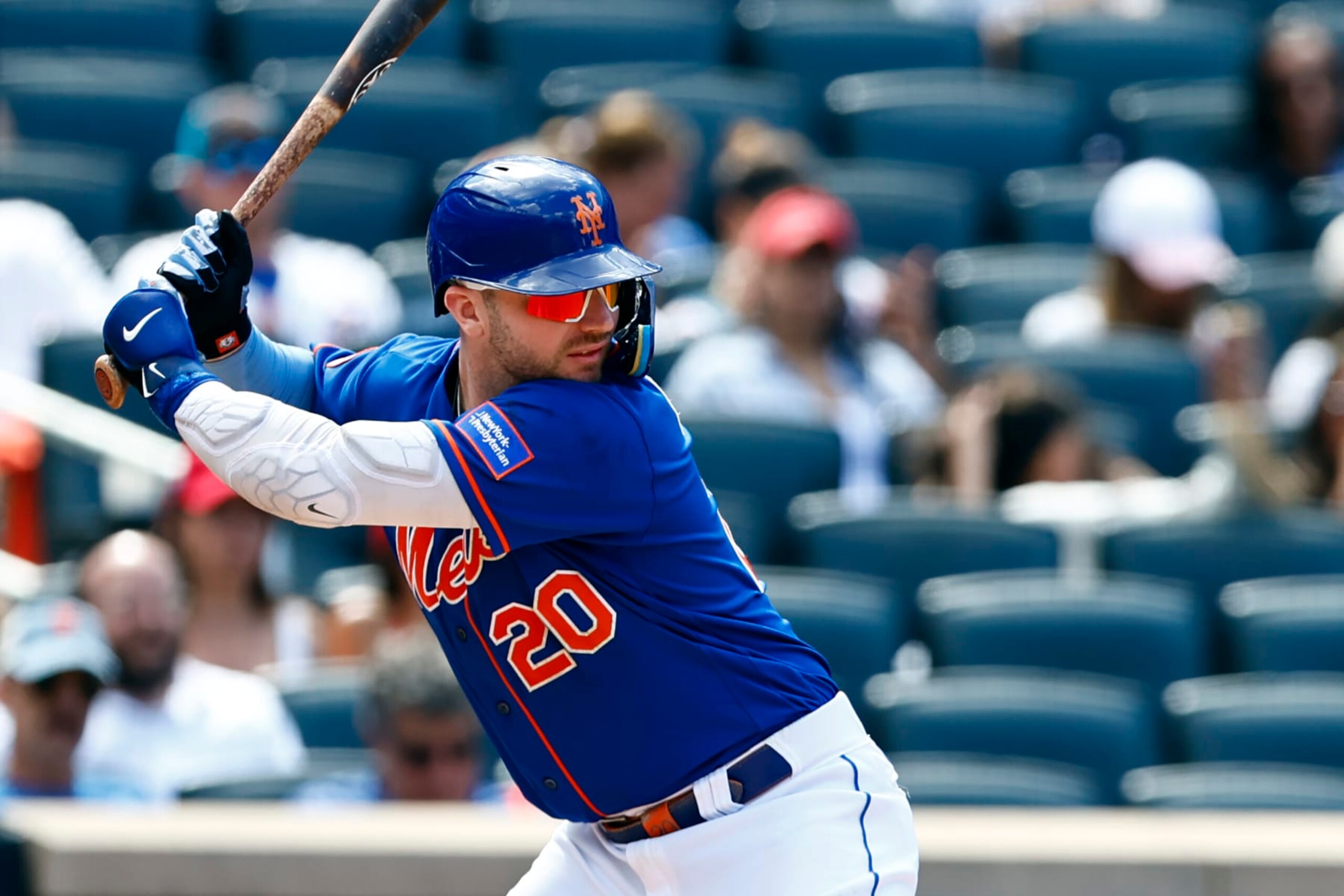 NEW YORK, NEW YORK - JULY 30: Pete Alonso #20 of the New York Mets in action during a game against the Washington Nationals at Citi Field on July 30, 2023 in New York City. The Mets defeated the Nationals 5-2. (Photo by Rich Schultz/Getty Images)