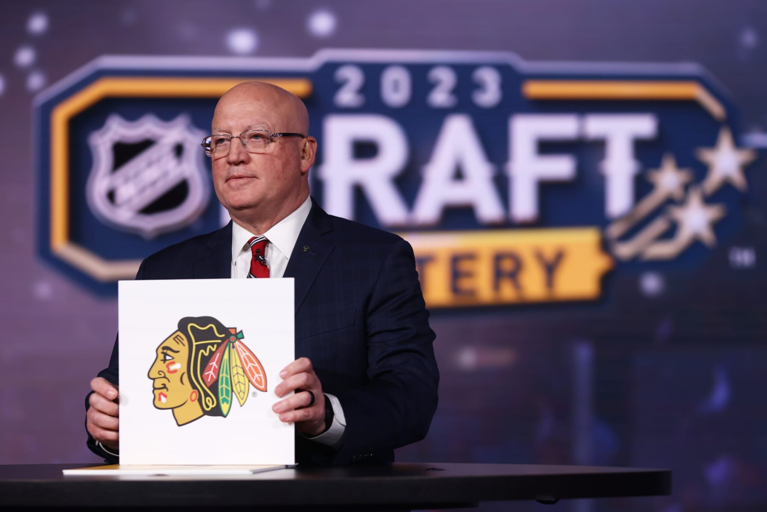 SECAUCUS, NEW JERSEY - MAY 08: National Hockey League Deputy Commissioner Bill Daly announces the Chicago Blackhawks #1 overall draft position during the 2023 NHL Draft Lottery on May 08, 2023 at NHL Network Studio in Secaucus, New Jersey. (Photo by Mike Stobe/NHLI via Getty Images)
