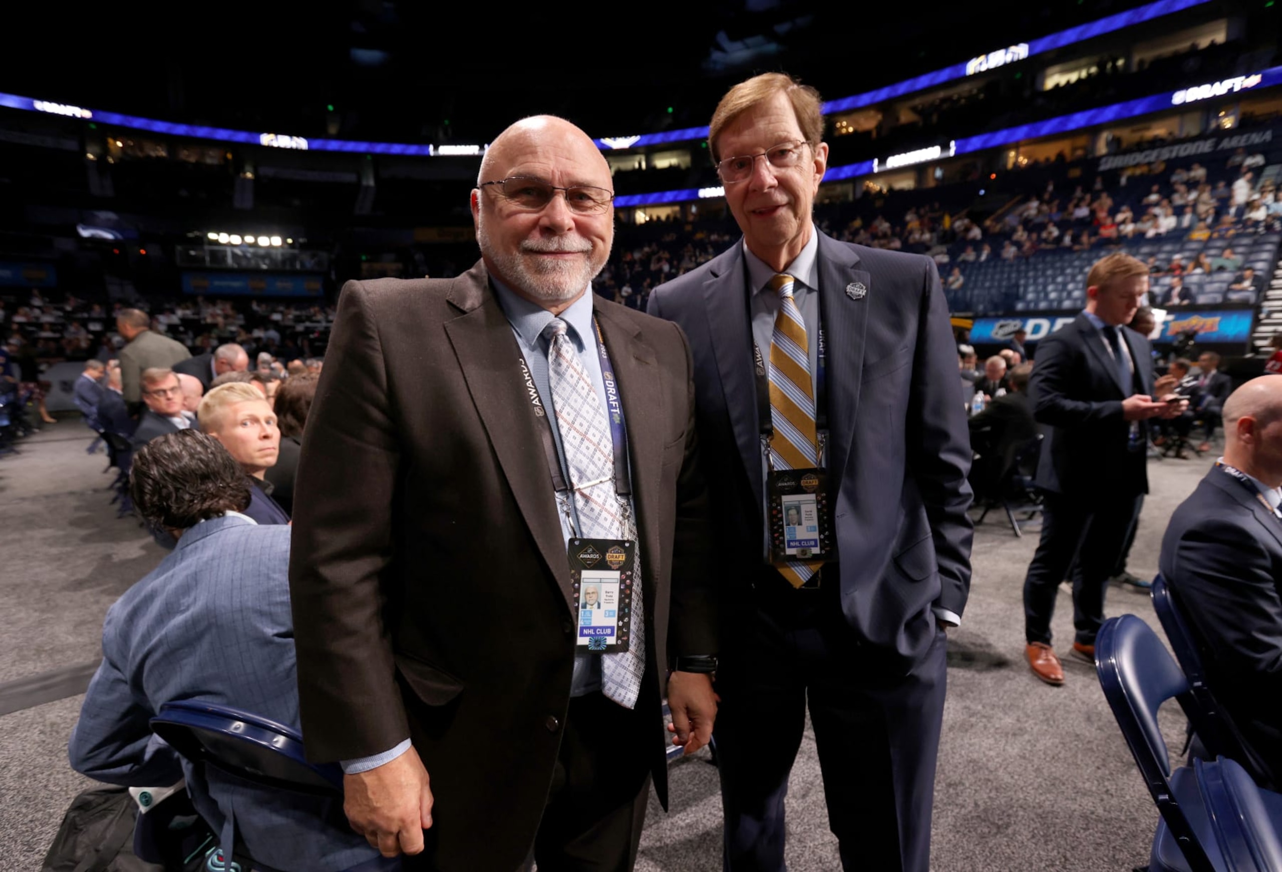 NASHVILLE, TENNESSEE - JUNE 29: General manager Barry Trotz and David Poile of the Nashville Predators look on during the 2023 Upper Deck NHL Draft - Rounds 2-7 at Bridgestone Arena on June 29, 2023 in Nashville, Tennessee. (Photo by Dave Sandford/NHLI via Getty Images)