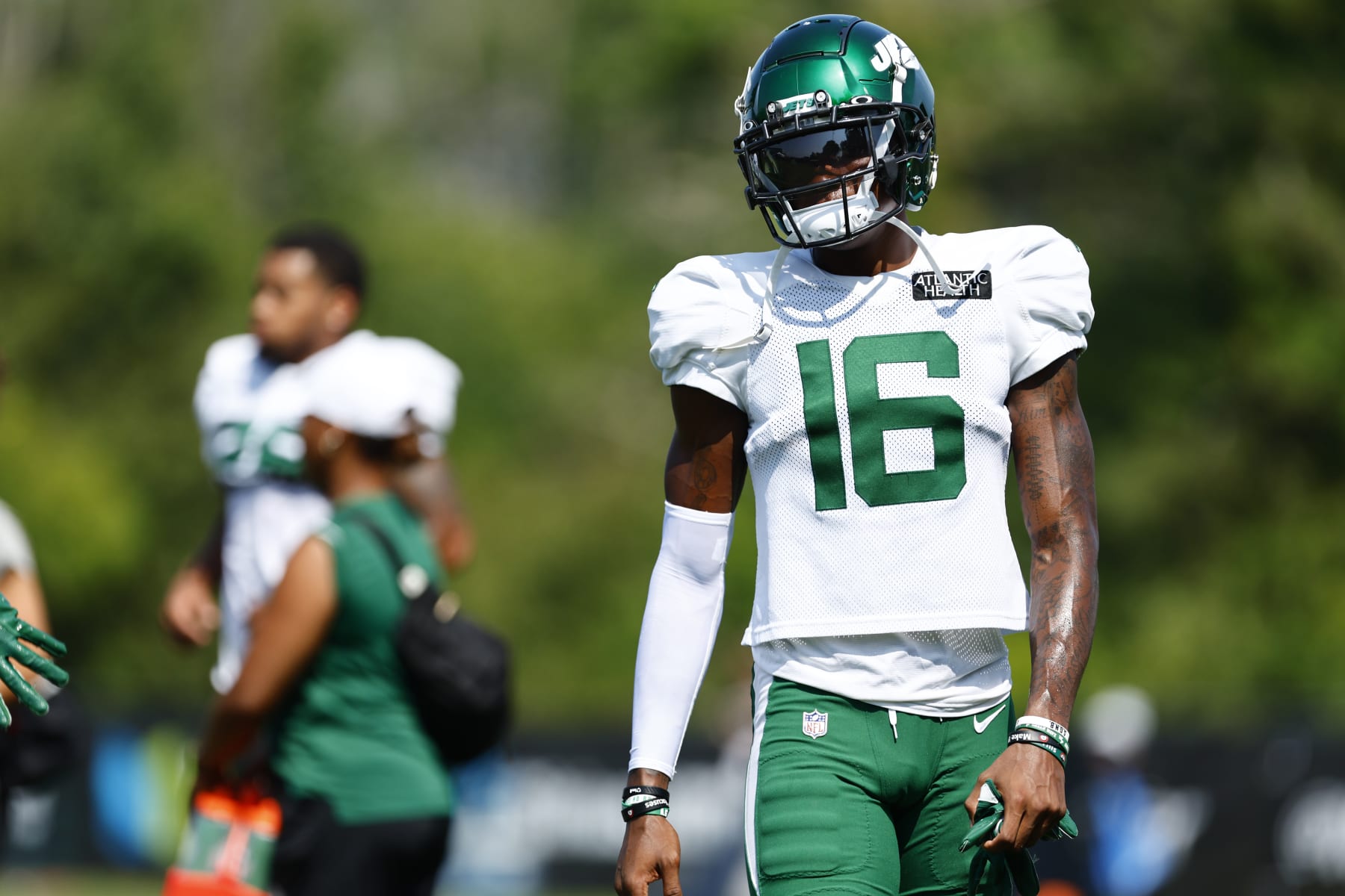 FLORHAM PARK, NEW JERSEY - JULY 26: Wide receiver Jason Brownlee #16 of the New York Jets runs a drill during training camp at Atlantic Health Jets Training Center on July 26, 2023 in Florham Park, New Jersey. (Photo by Rich Schultz/Getty Images)
