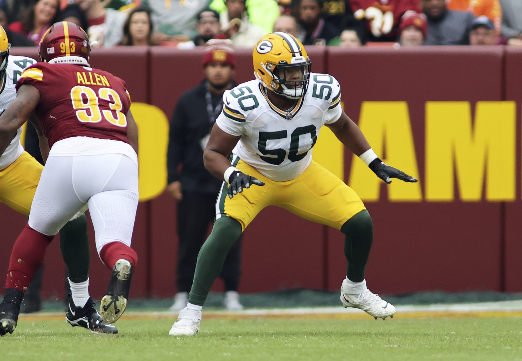 Green Bay Packers guard Zach Tom (50) blocks during an NFL football game against the Washington Commanders, Sunday, October 23, 2022 in Landover. (AP Photo/Daniel Kucin Jr.)