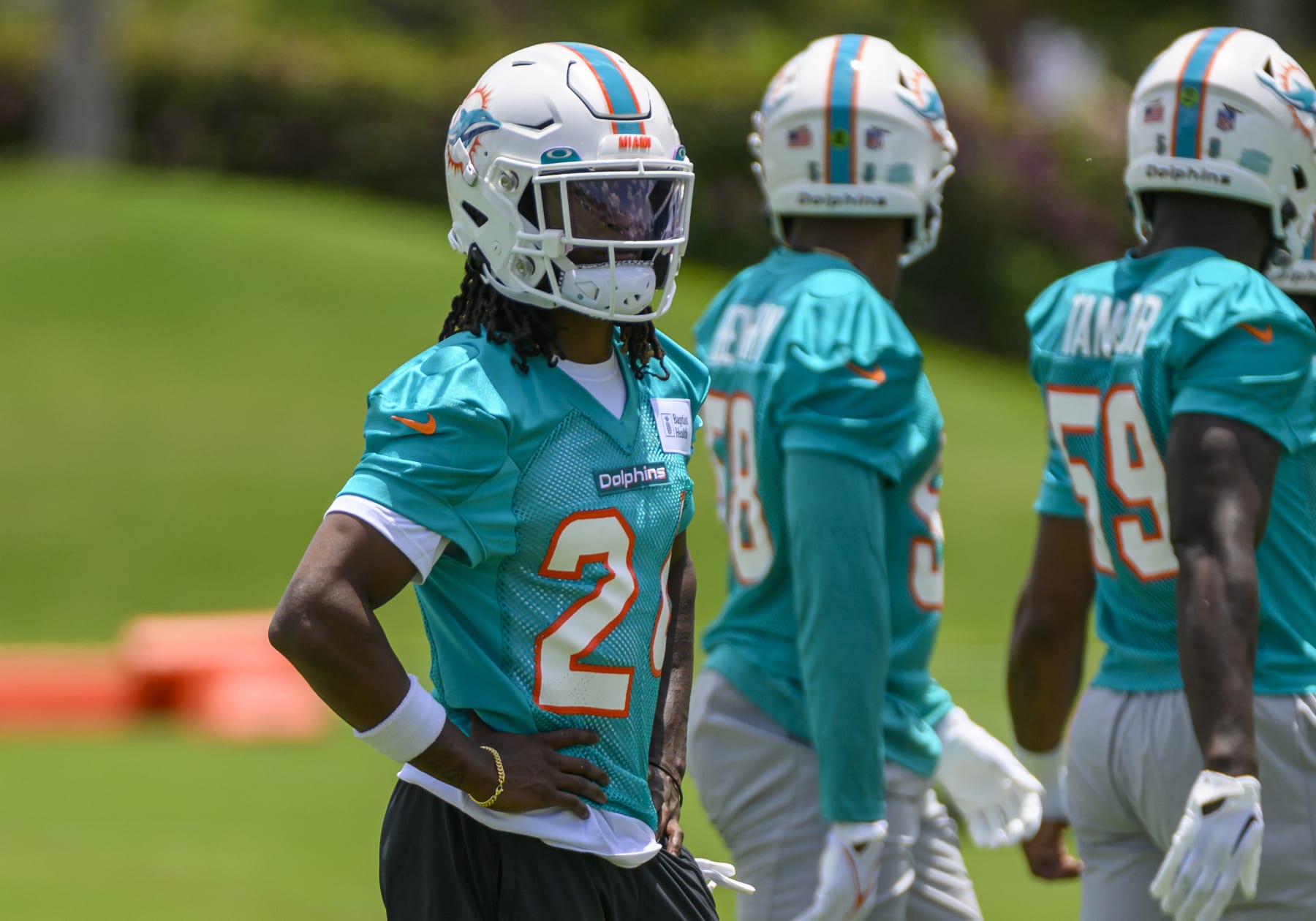 MIAMI GARDENS, FL - MAY 12: Miami Dolphins cornerback Cam Smith (24) stands on the field during the rookie minicamp at the Baptist Health Training Complex on May 12, 2023 in Miami Gardens, Florida. (Photo by Doug Murray/Icon Sportswire via Getty Images)
