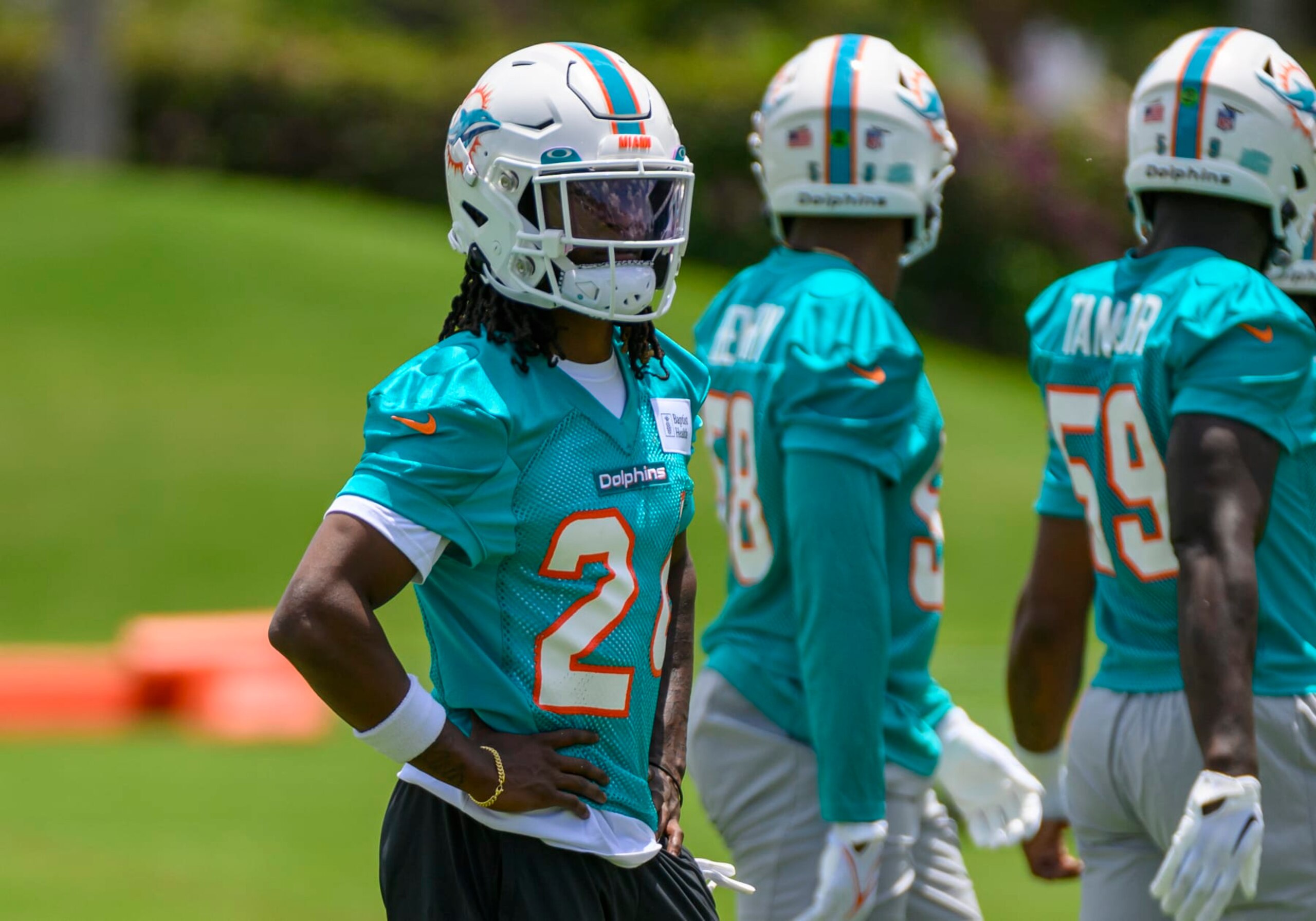 MIAMI GARDENS, FL - MAY 12: Miami Dolphins cornerback Cam Smith (24) stands on the field during the rookie minicamp at the Baptist Health Training Complex on May 12, 2023 in Miami Gardens, Florida. (Photo by Doug Murray/Icon Sportswire via Getty Images)