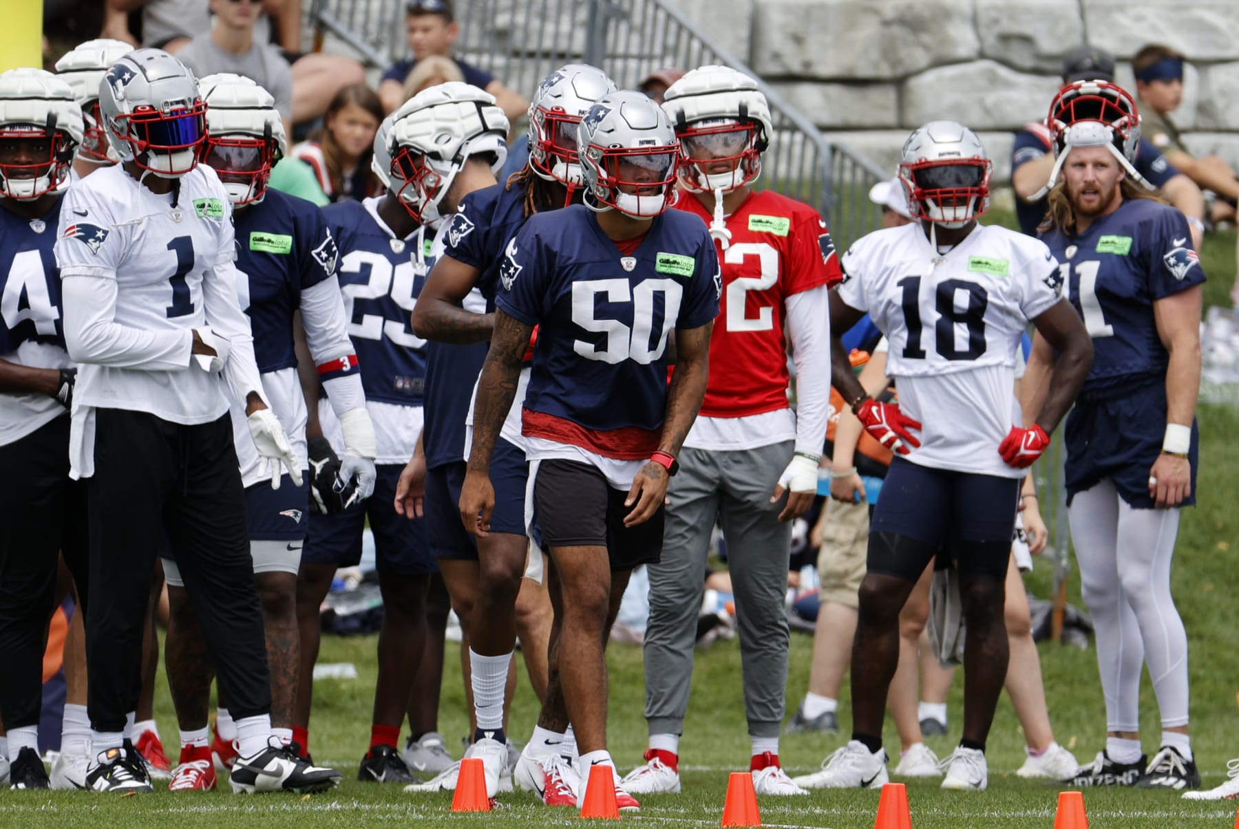 FOXBOROUGH, MA - JULY 30: New England Patriots cornerback Christian Gonzalez (50) waits for his turn during New England Patriots Training Camp on July 30, 2023, at the Patriots Practice Facility at Gillette Stadium in Foxborough, Massachusetts. (Photo by Fred Kfoury III/Icon Sportswire via Getty Images)