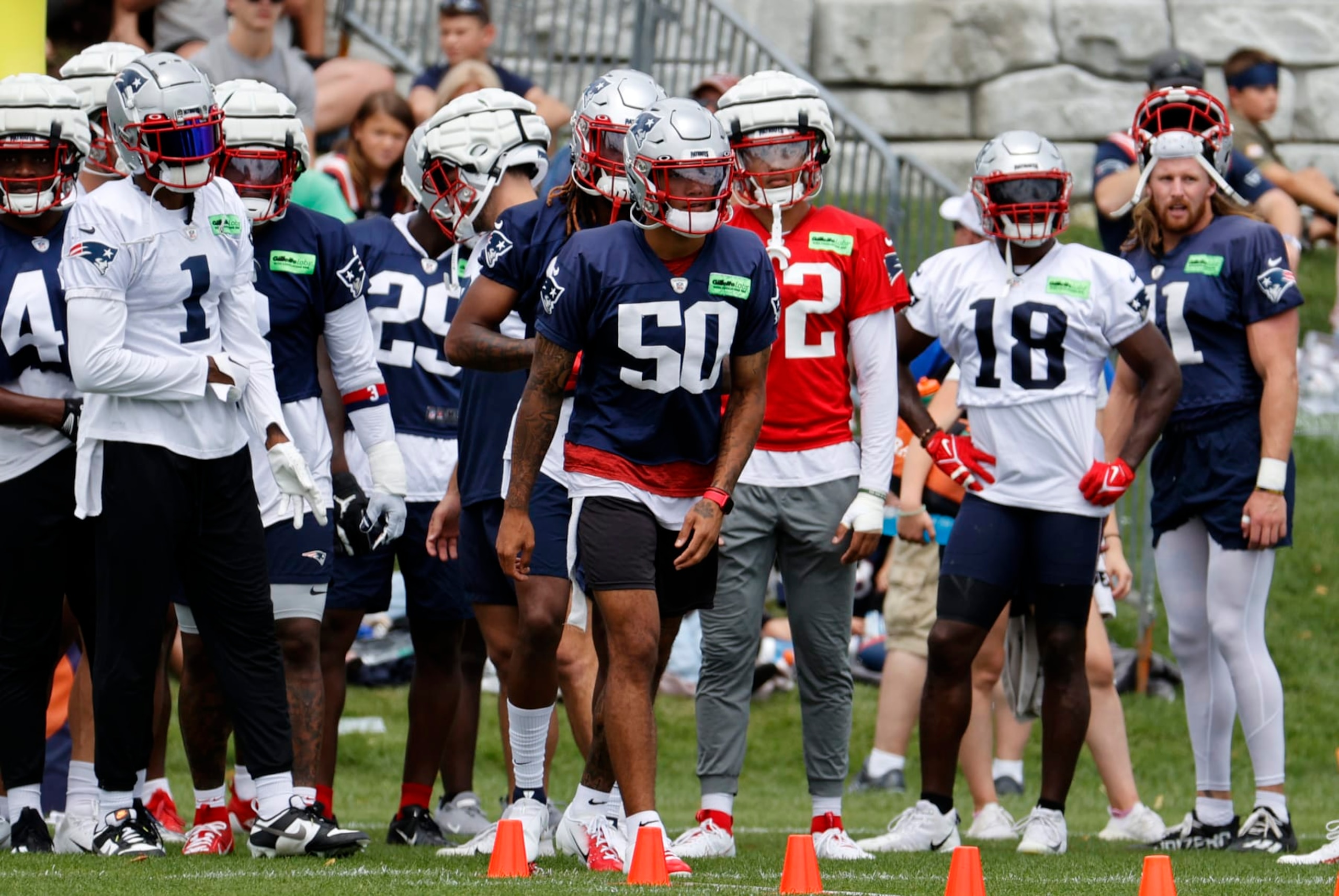 FOXBOROUGH, MA - JULY 30: New England Patriots cornerback Christian Gonzalez (50) waits for his turn during New England Patriots Training Camp on July 30, 2023, at the Patriots Practice Facility at Gillette Stadium in Foxborough, Massachusetts. (Photo by Fred Kfoury III/Icon Sportswire via Getty Images)